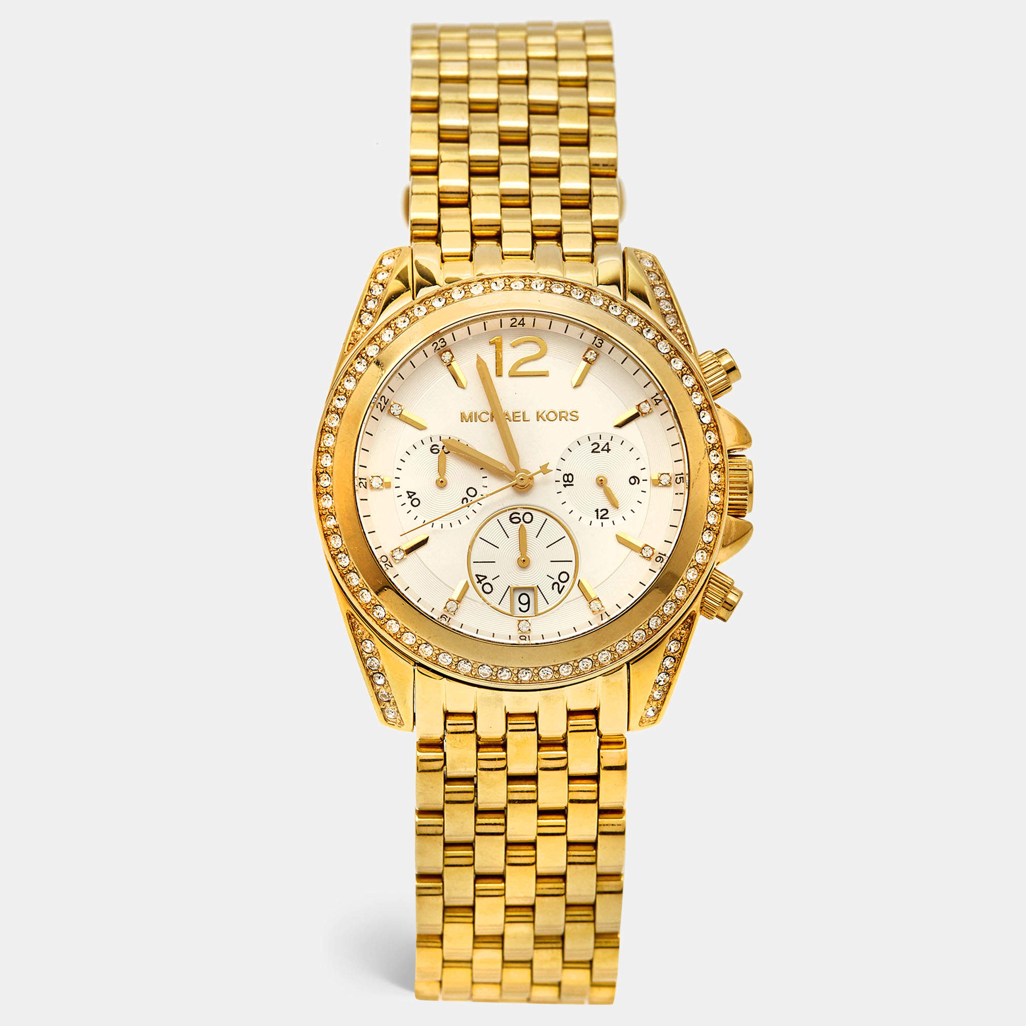 Pre Owned Michael Kors White Dial Gold Plated Stainless Steel Crystal Embellished Pressly MK5835 Women's Wristwatch 39 mm
