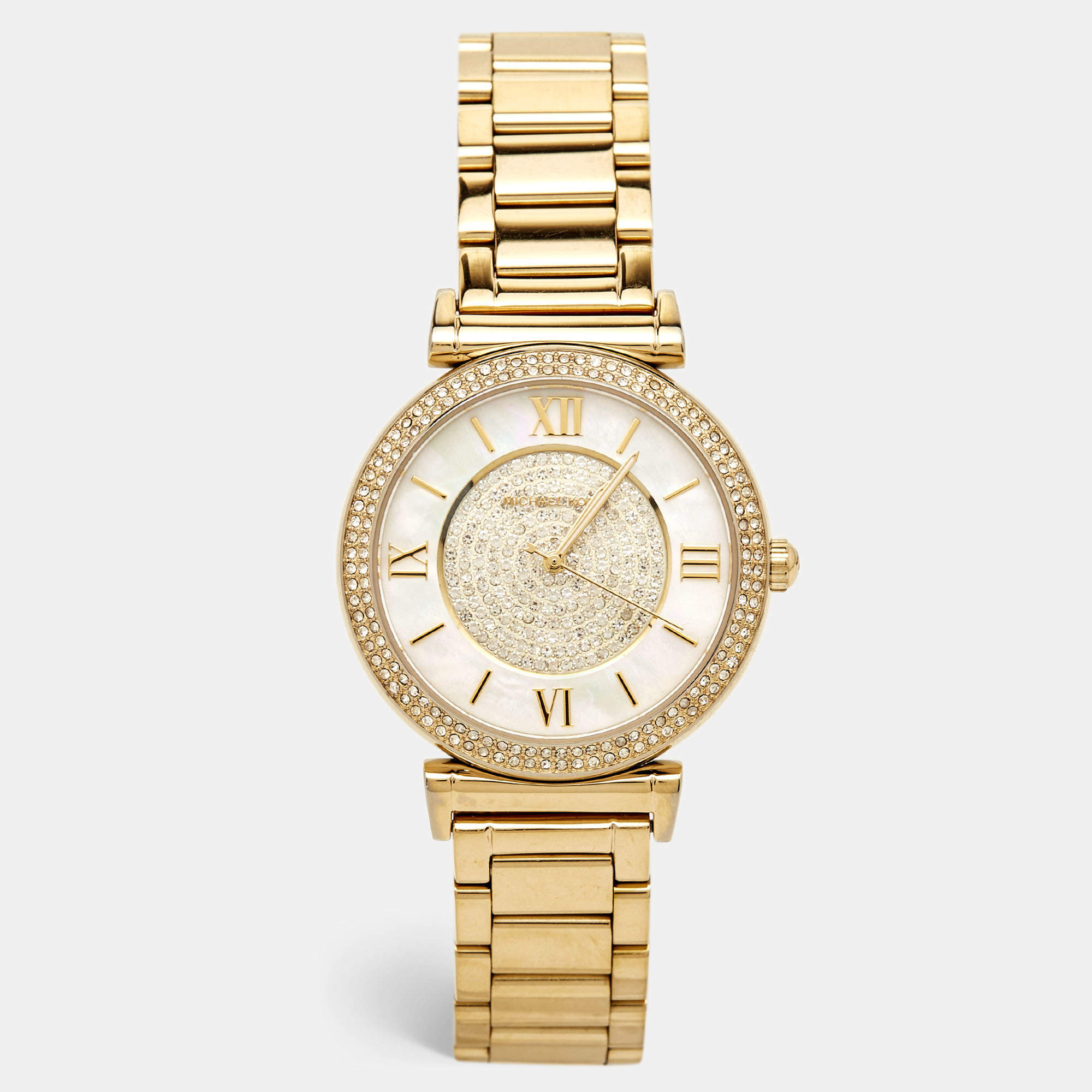 Pre Owned Michael Kors Mother Of Pearl Gold Plated Stainless Steel Catlin MK3332 Women's Wristwatch 38 mm