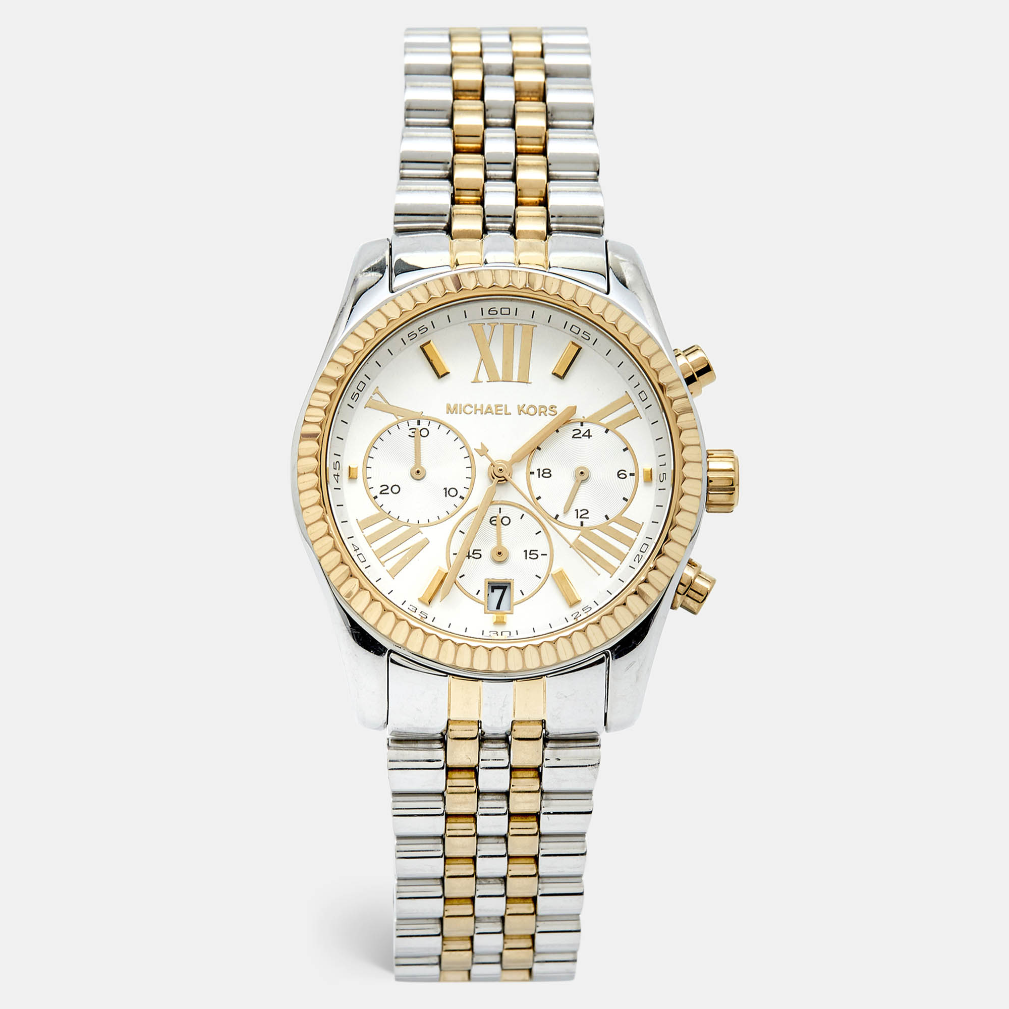 Pre Owned Michael Kors Silver Two Tone Stainless Steel Lexington MK5955 Women's Wristwatch 38 mm