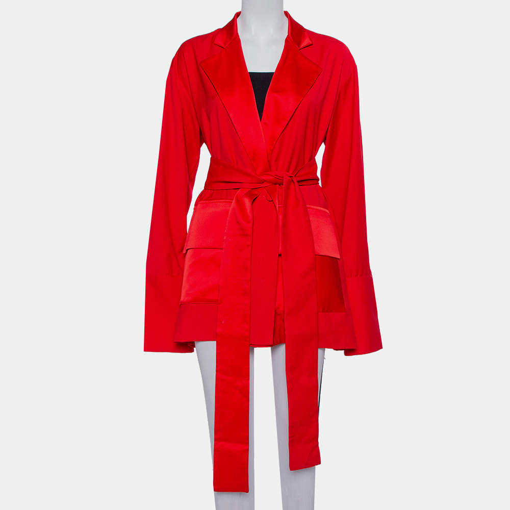 Michael Lo Sordo Red Satin Trimmed Wrap Blazer L
