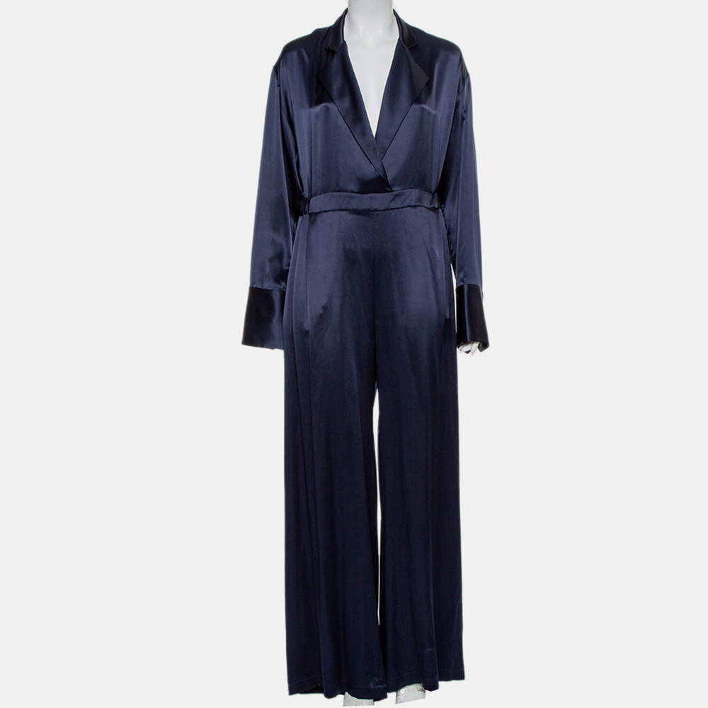 مملوكة مسبقًا Michael Lo Sordo Navy Blue Silk Satin Collared Jumpsuit M