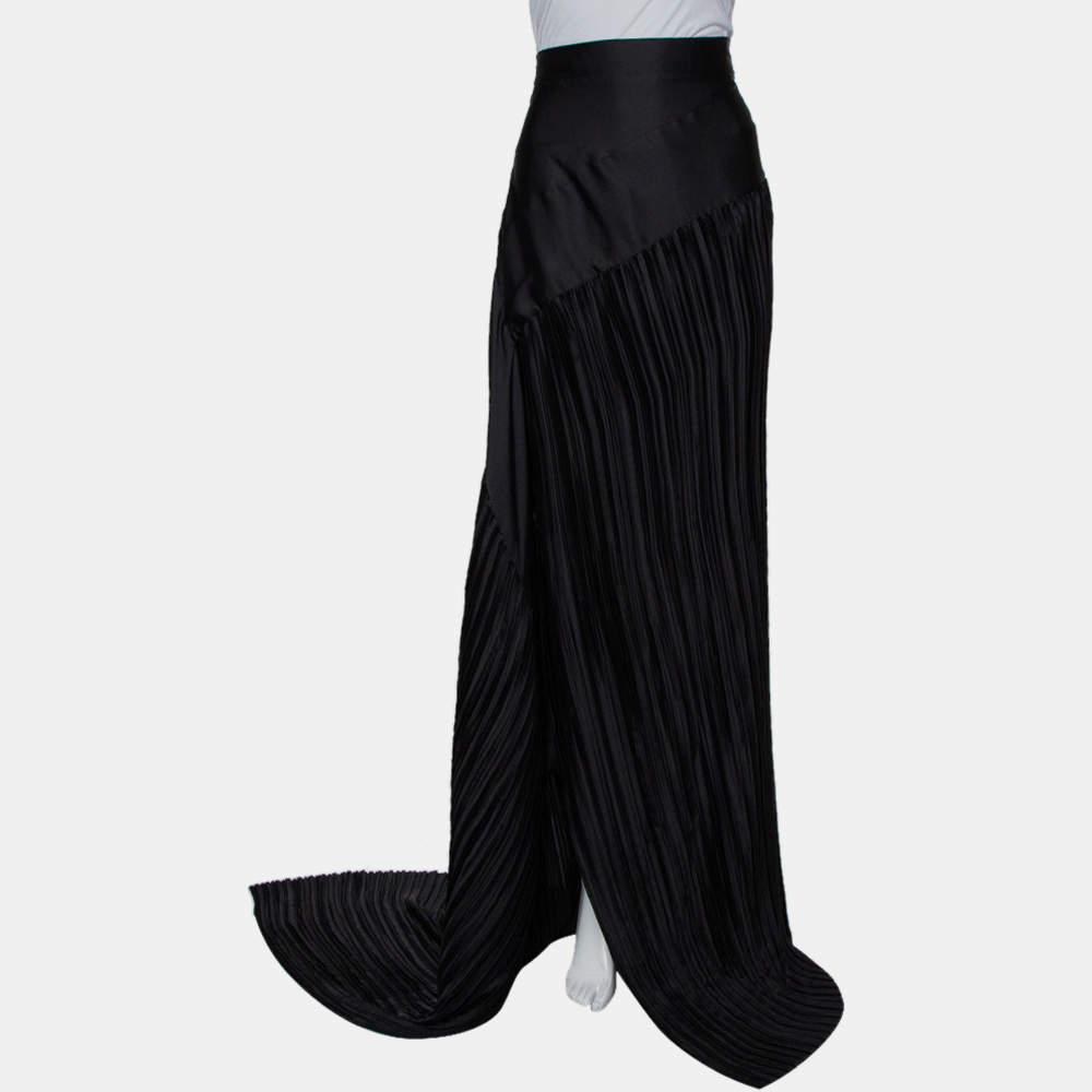 Pre Owned Michael Lo Sordo Black Satin Plisse Asymmetric hem Slit Detail Maxi Skirt M