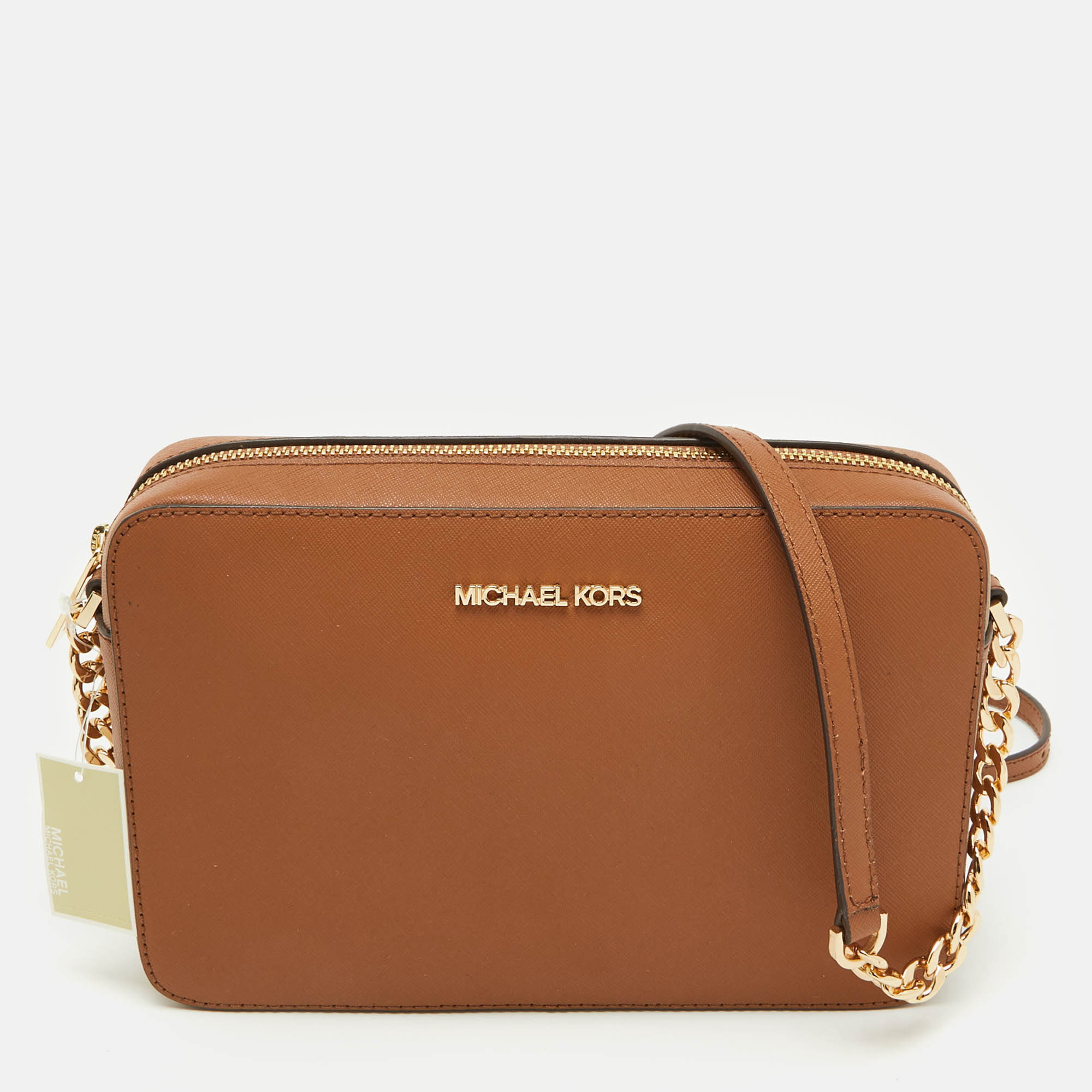 Pre Owned Michael Kors Brown Saffiano Leather Jet Set Large Crossbody Bag