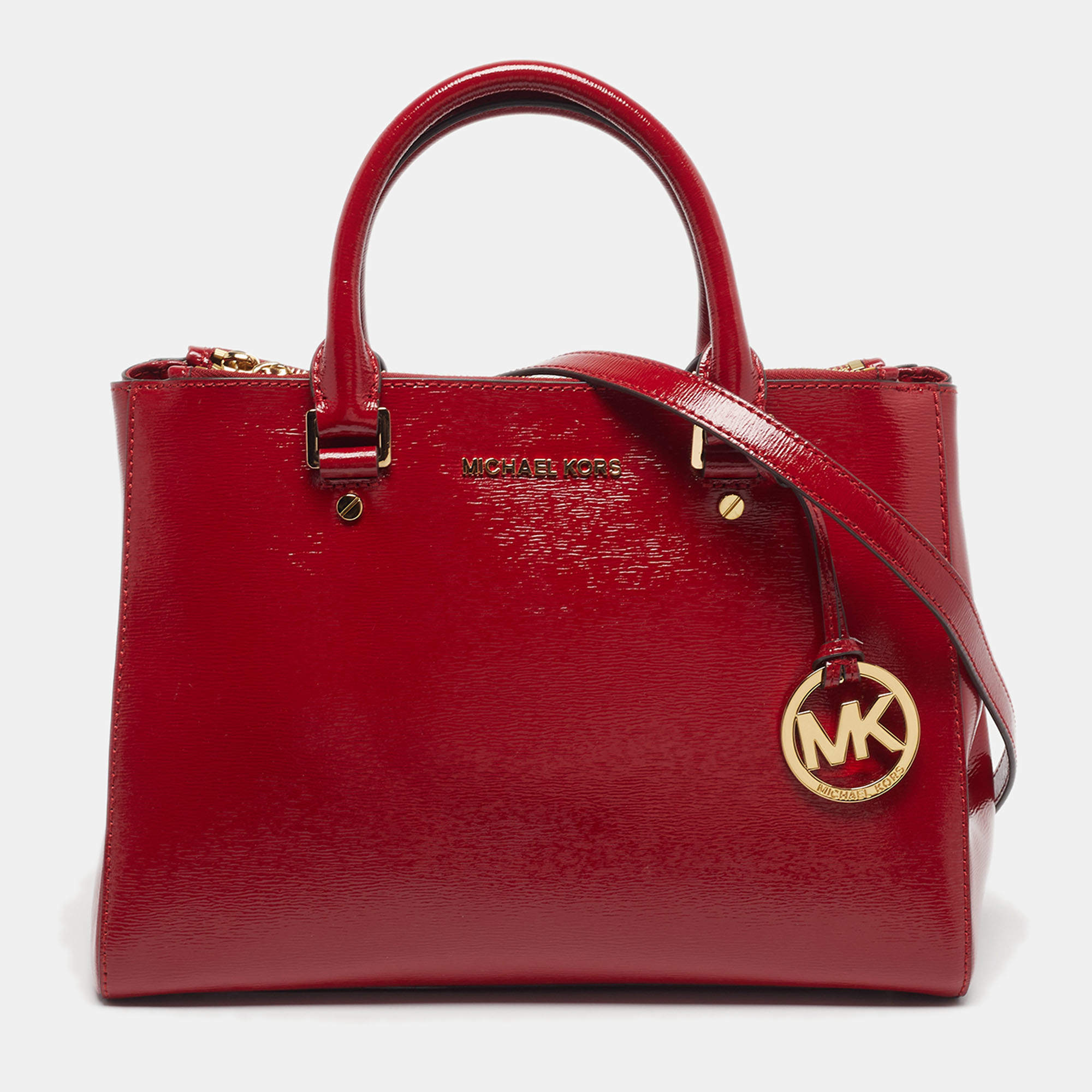 Pre Owned MICHAEL Michael Kors Sutton Medium Dark Red Patent Leather Satchel