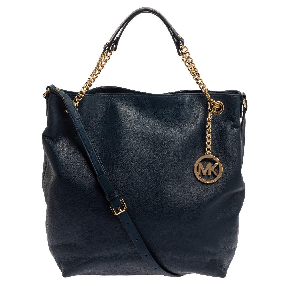 Pre Owned Michael Kors Navy Blue Leather Large Chain Jet Set Tote