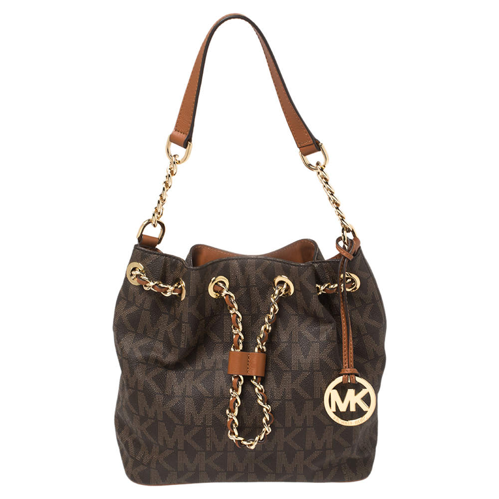مملوكة مسبقًا MICHAEL Michael Kors Brown Signature Coated Canvas and Leather Medium Frankie Bucket Bag