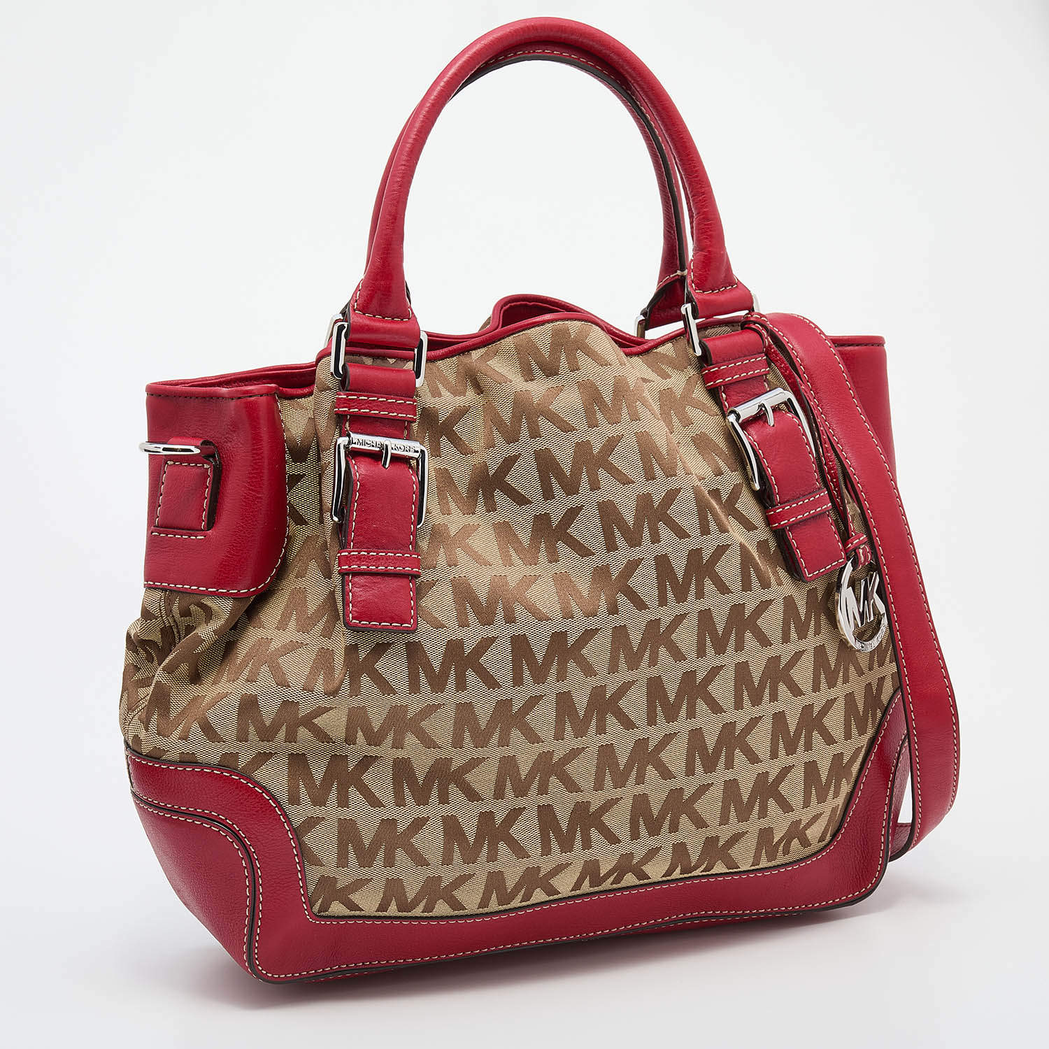 MICHAEL Michael Kors Beige/Red Canvas and Leather Large Brookville Tote MICHAEL  Michael Kors | TLC