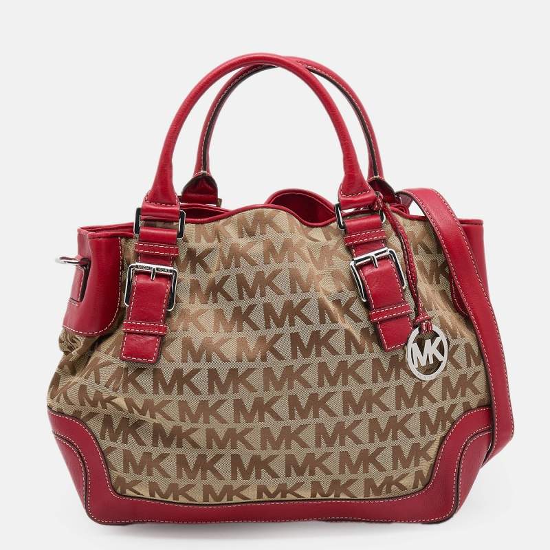 Pre Owned حقيبة يد توتس مايكل مايكل كورس بروكفيل جلد وكانفاس بيج/أحمر كبيرة