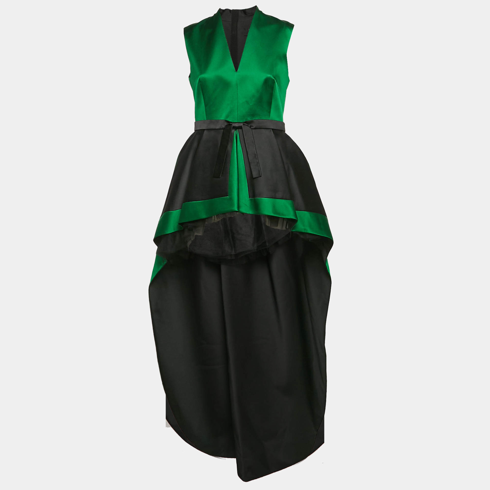 Paule Ka Green/Black Silk Asymmetric V-Neck Gown S