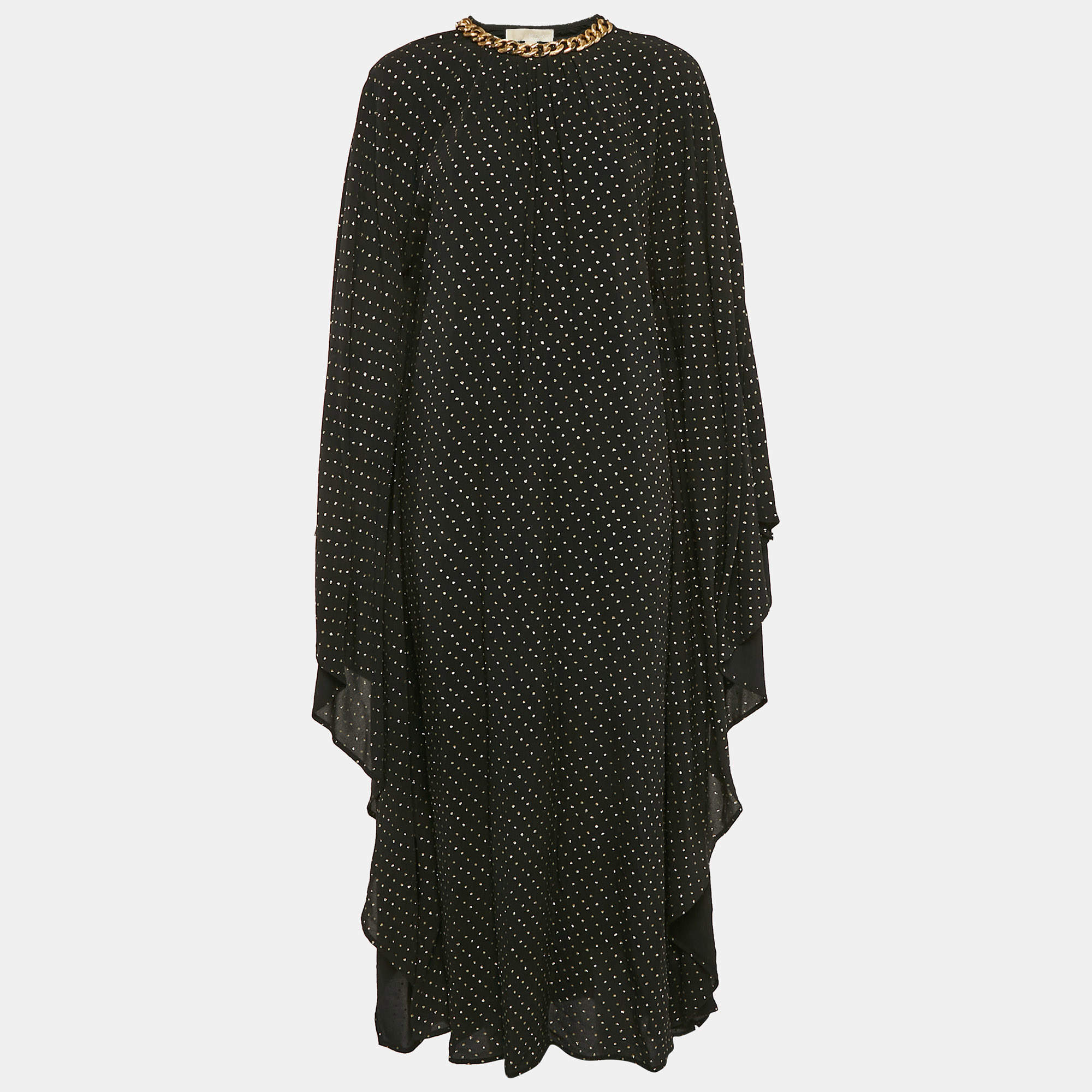 MICHAEL Michael Kors Black Dot Print Crepe Chain Detail Kaftan Dress S/M