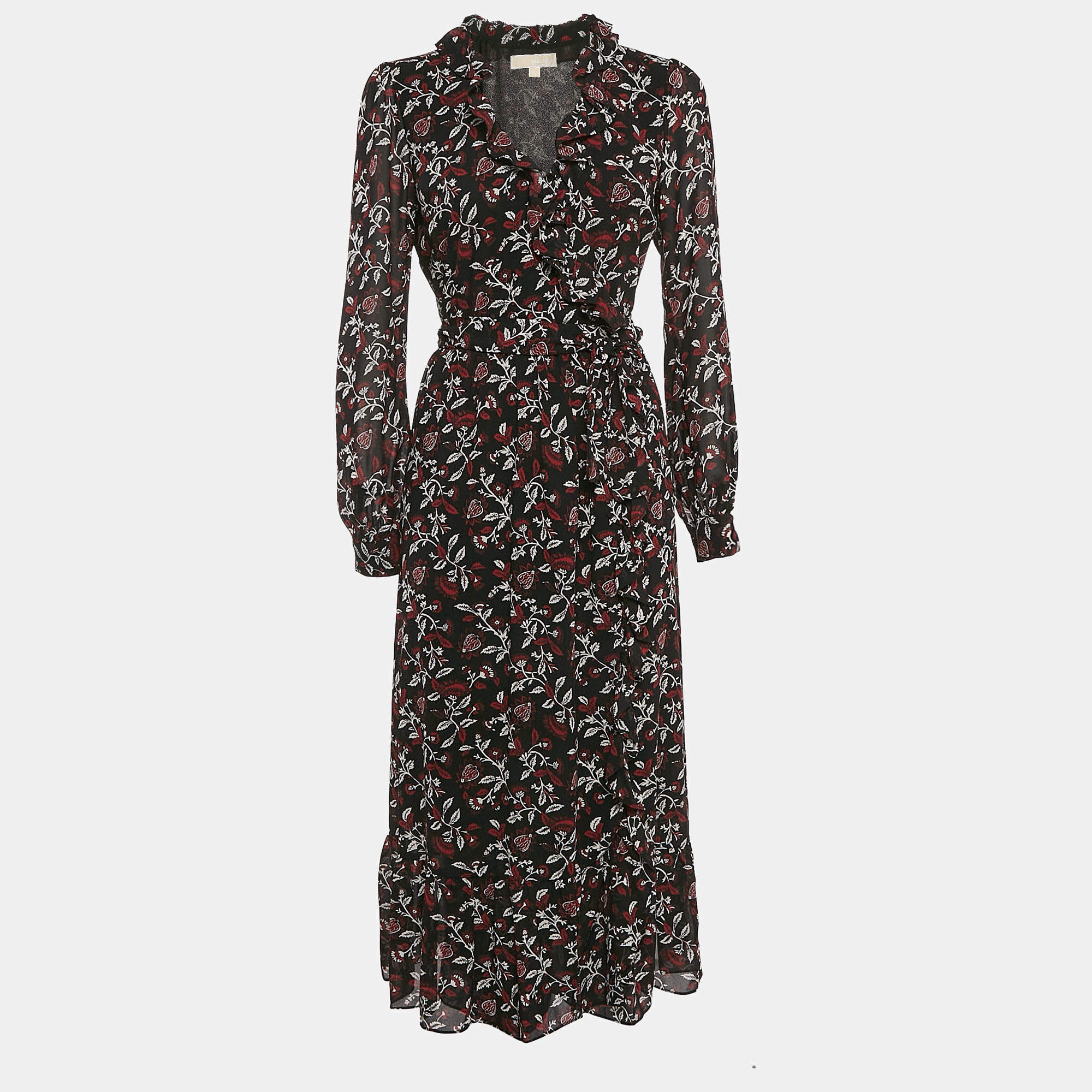 MICHAEL Michael Kors Black Floral Print Crepe Wrap Dress S