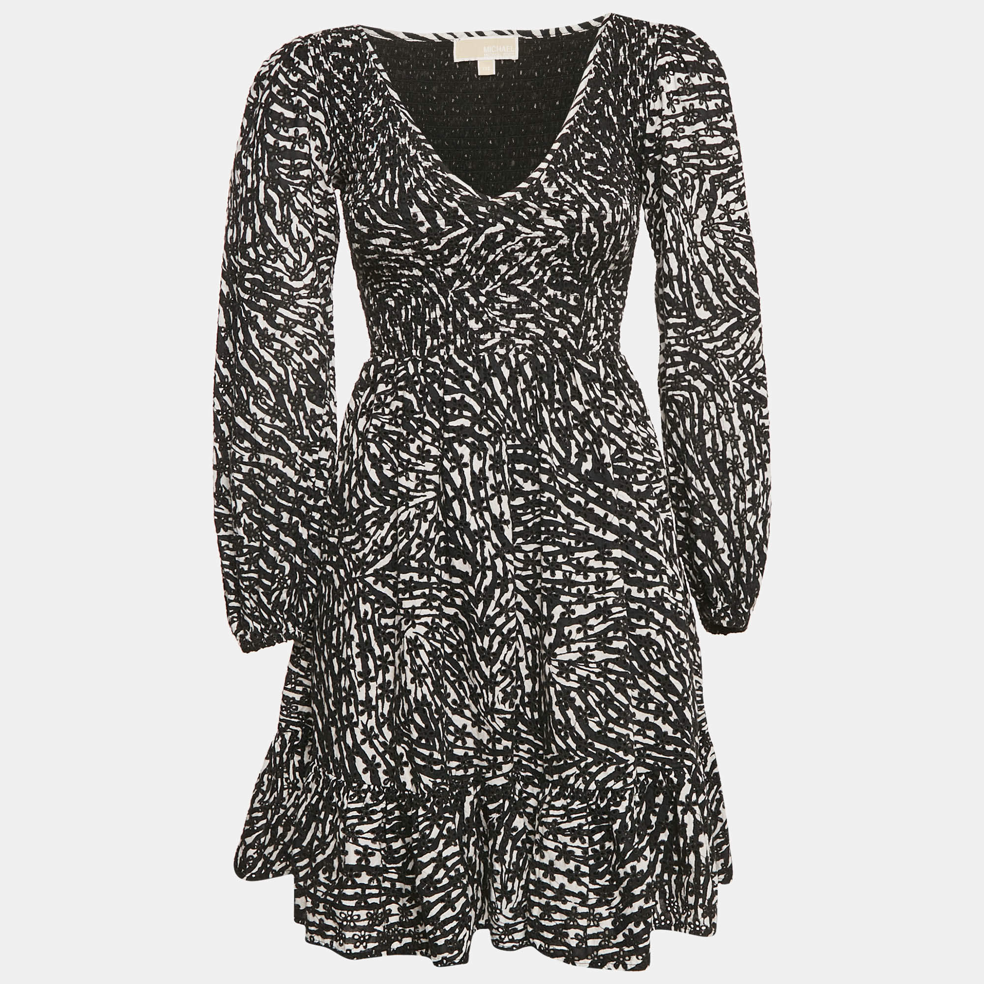 MICHAEL Michael Kors Black Broderie Anglaise Cotton Smocked Mini Dress XXS