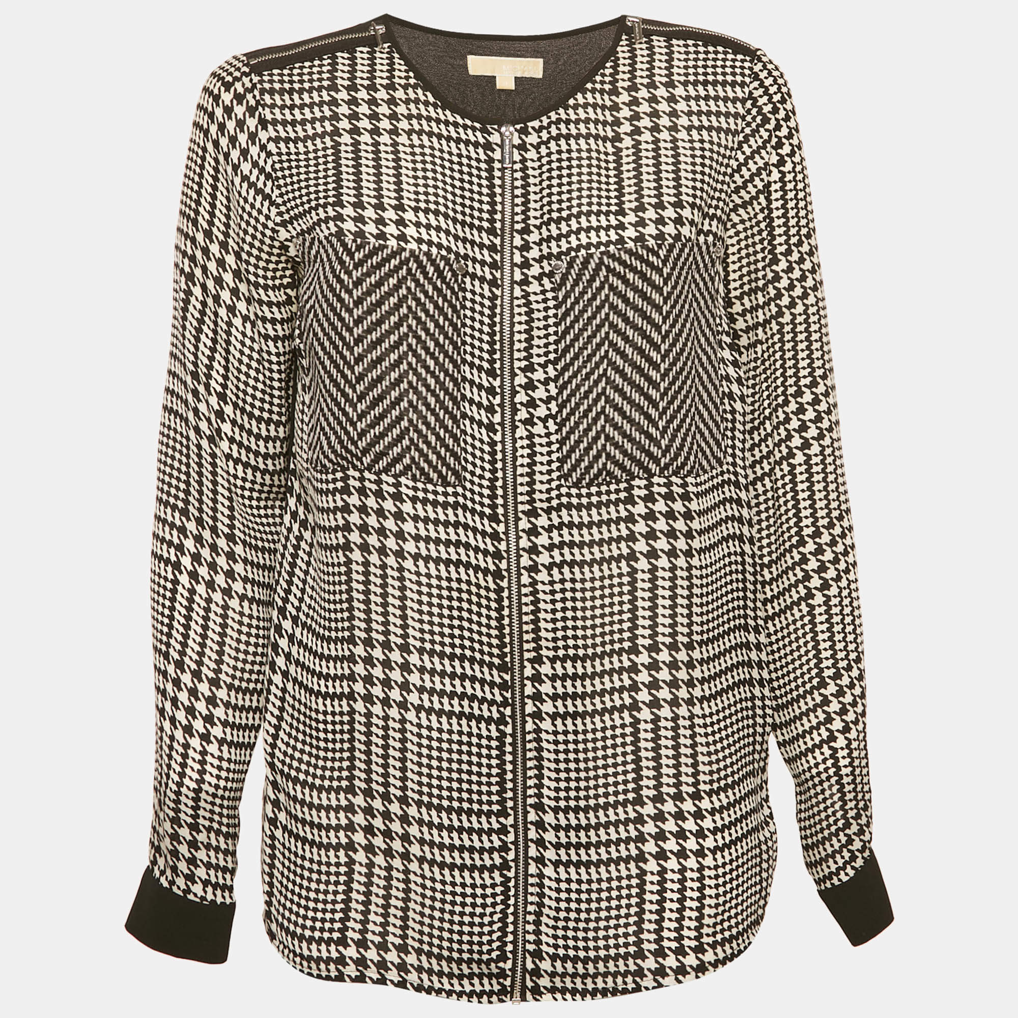 MICHAEL Michael Kors Black  Houndstooth Printed Silk Zip Front Top XS