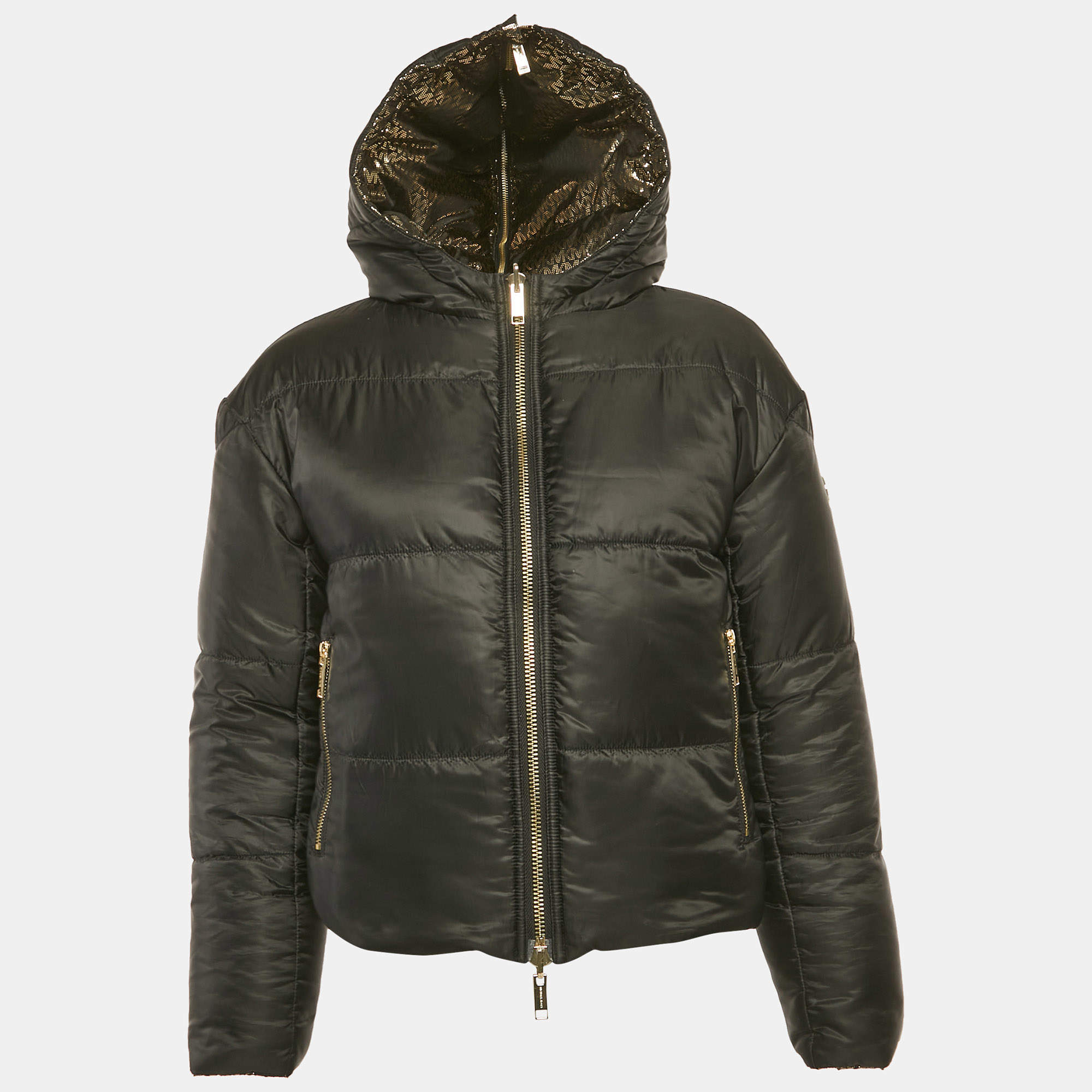 مملوكة مسبقًا معطف مبطن عاكس لوجو مايكل مايكل كورس أسود/ذهبي معدني بسحاب صغير