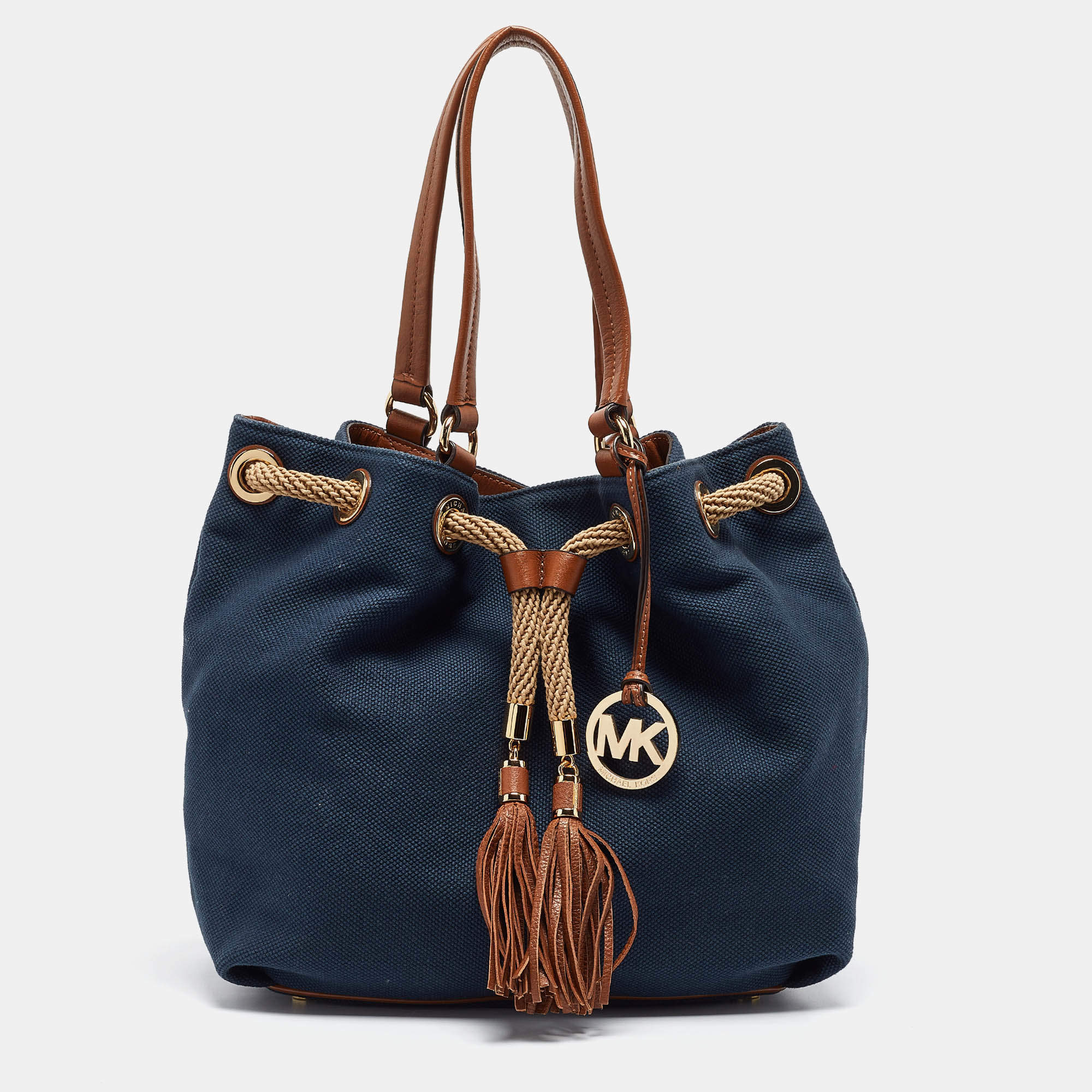 Pre Owned MICHAEL Michael Kors Navy Blue/Brown Canvas Marina Drawstring Tote