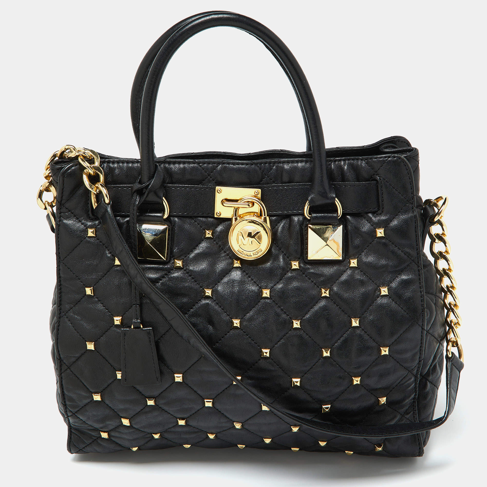 Pre Owned MICHAEL Michael Kors Black Leather Large Studded Hamilton North South Tote