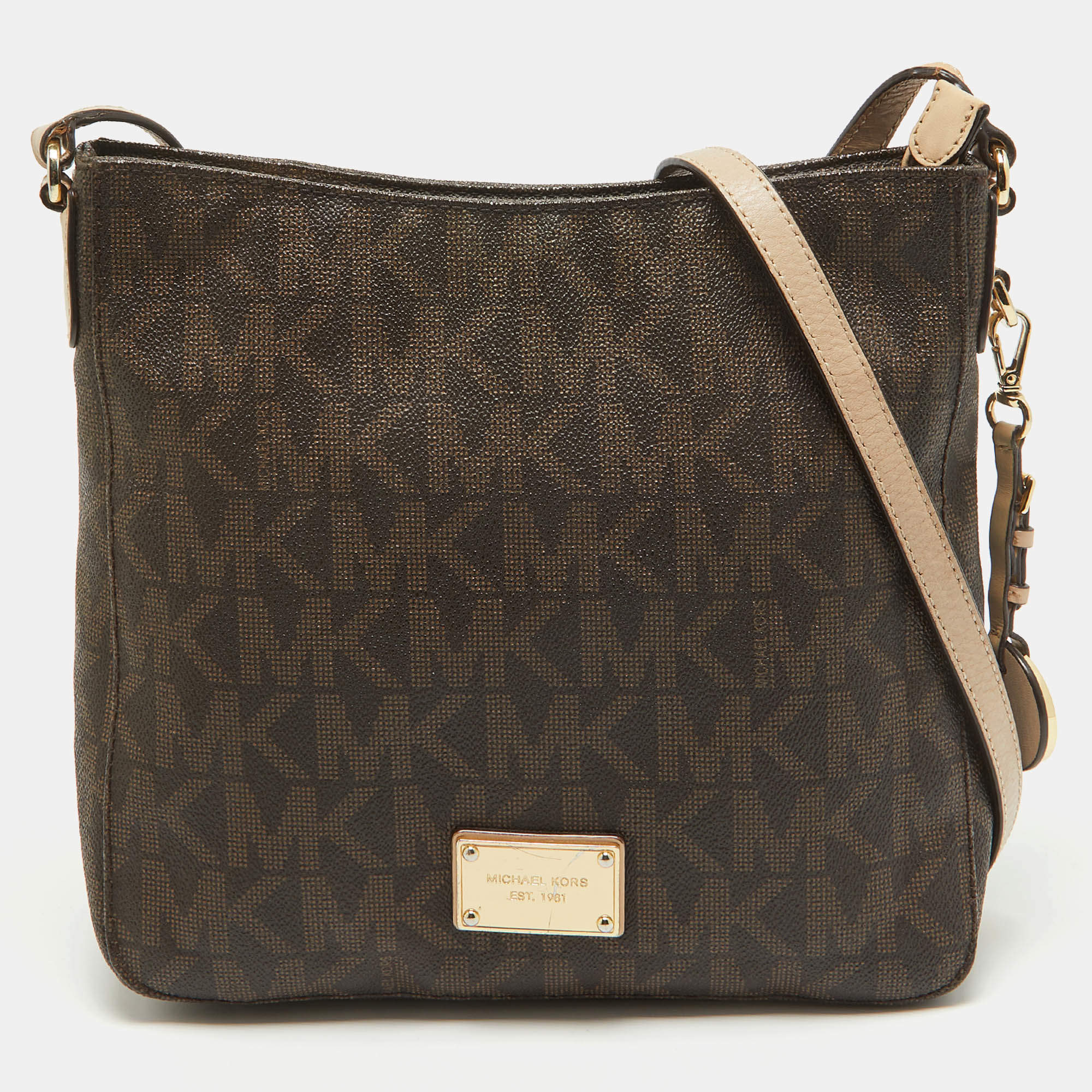 MICHAEL Michael Kors Brown/Beige Sigature Coated Canvas and Leather Jet Set Travel Messenger Bag