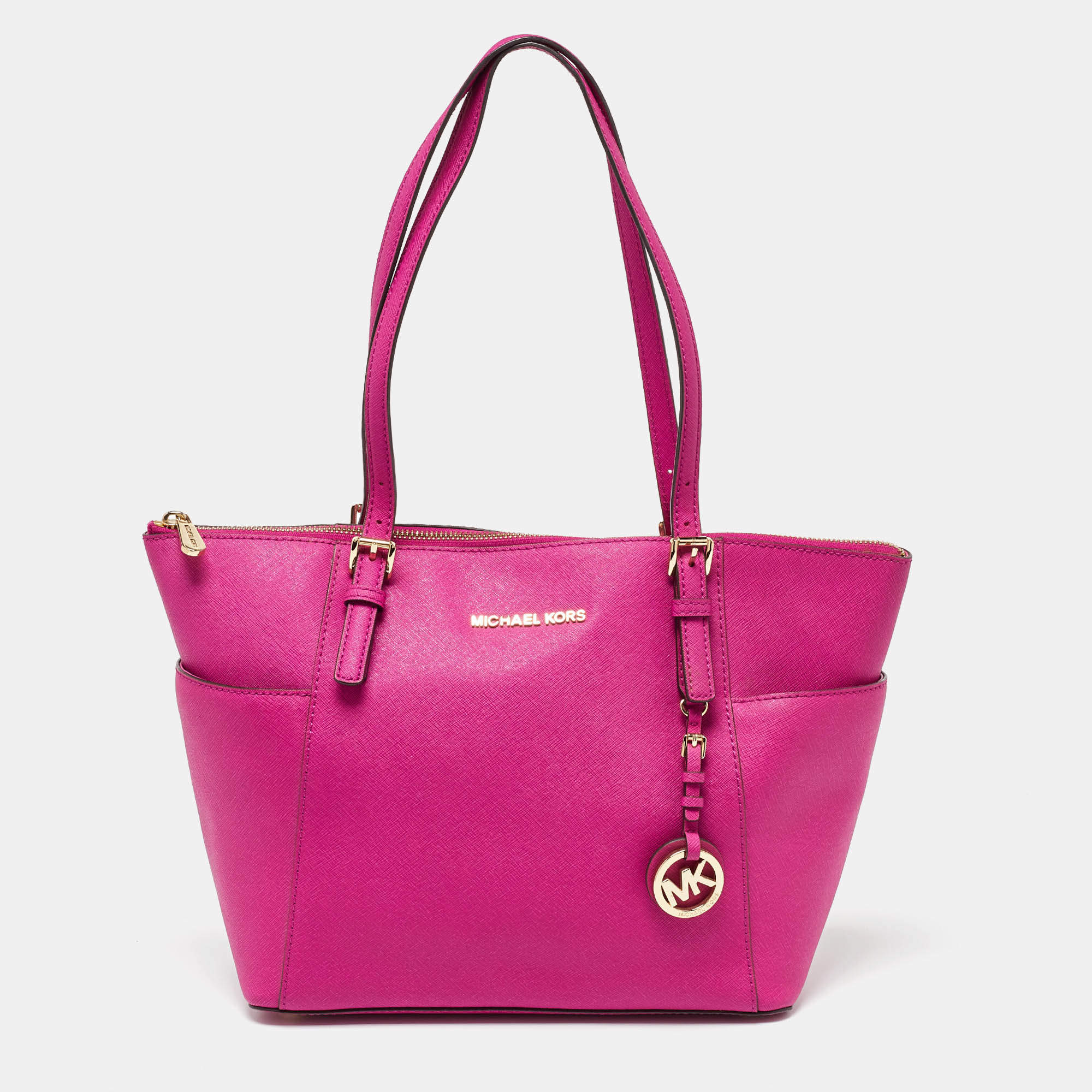 Pre Owned MICHAEL Michael Kors Fuchsia Leather Jet Set Top Zip Tote