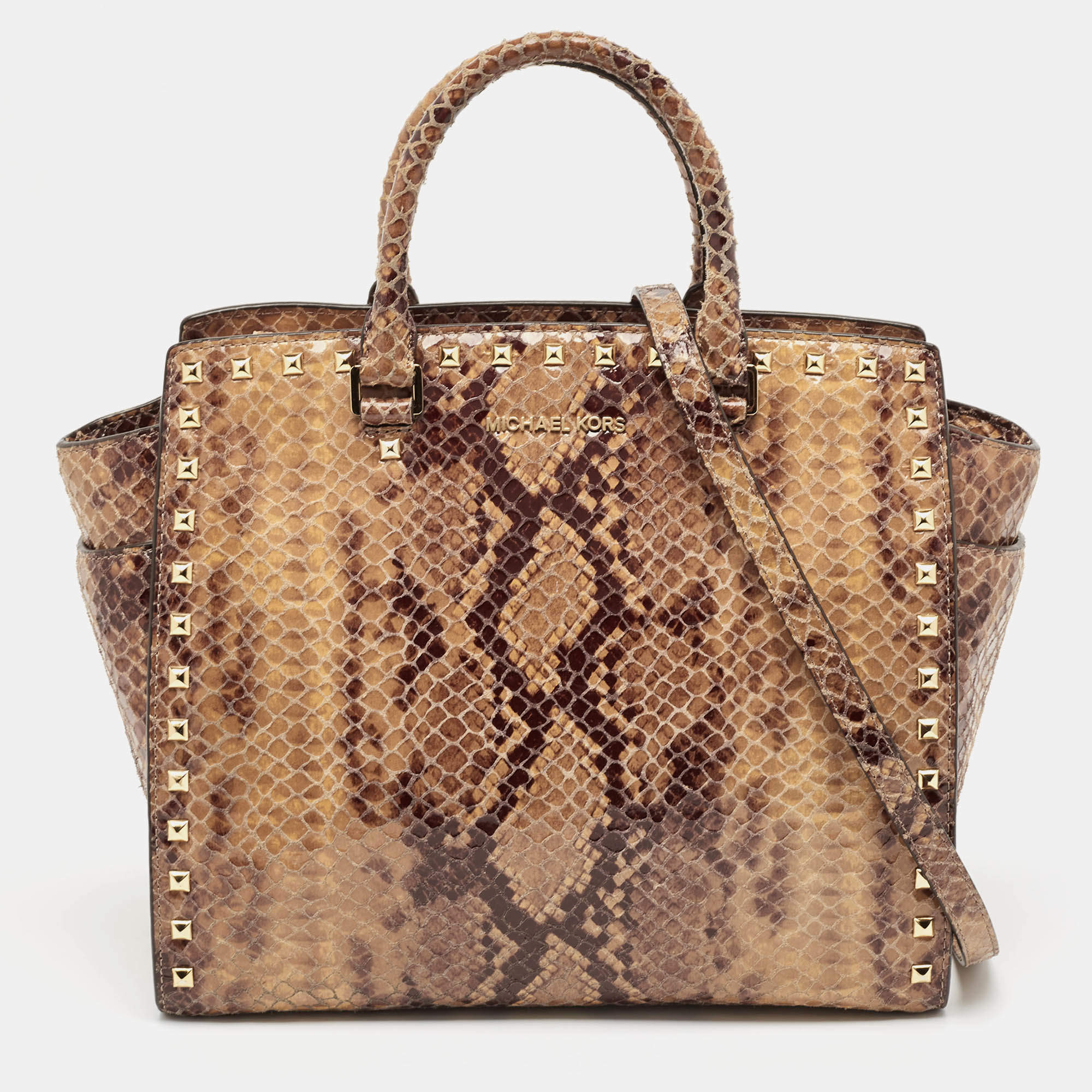 Pre Owned MICHAEL Michael Kors Beige Snakeskin Embossed Leather Large Selma Tote
