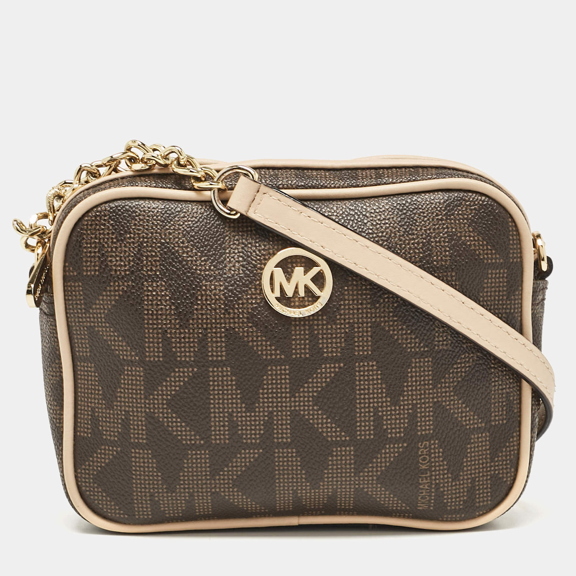 MICHAEL Michael Kors Beige/Brown Signature Coated Canvas and Leather Mini Camera Crossbody Bag