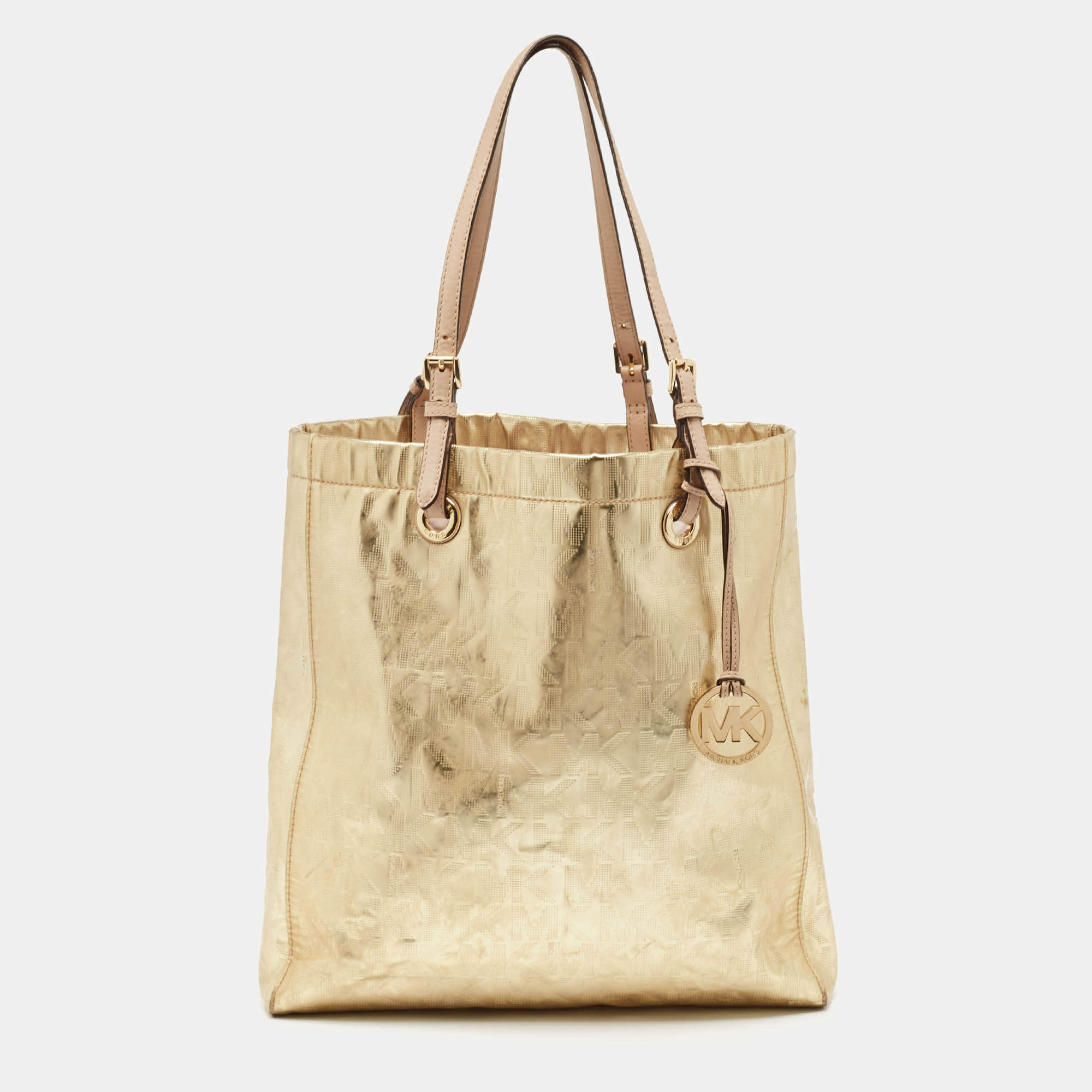 MICHAEL Michael Kors Gold Signature Mirrored Patent Leather North South Tote