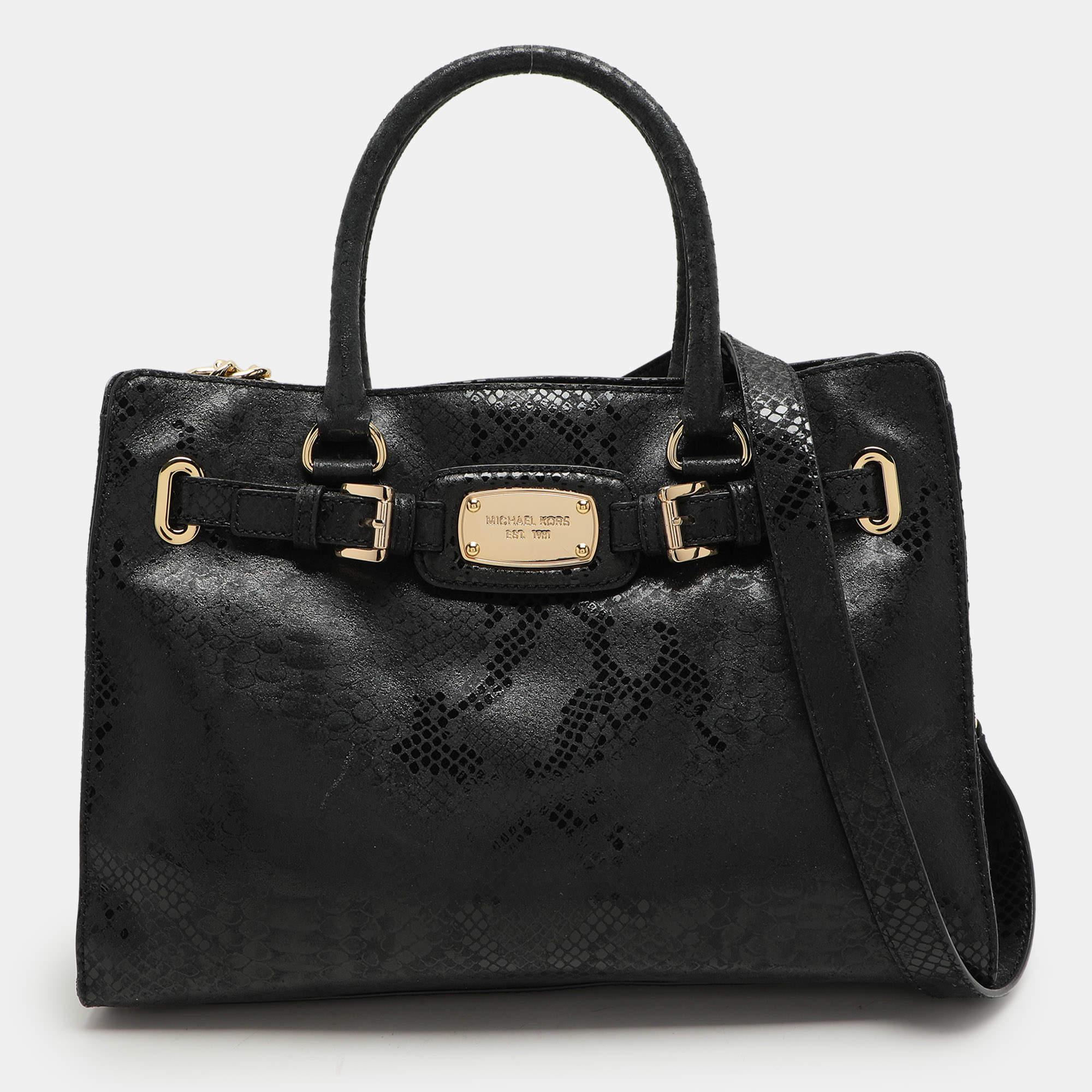 MICHAEL Michael Kors Black Python Print Leather Large East West Hamilton Tote