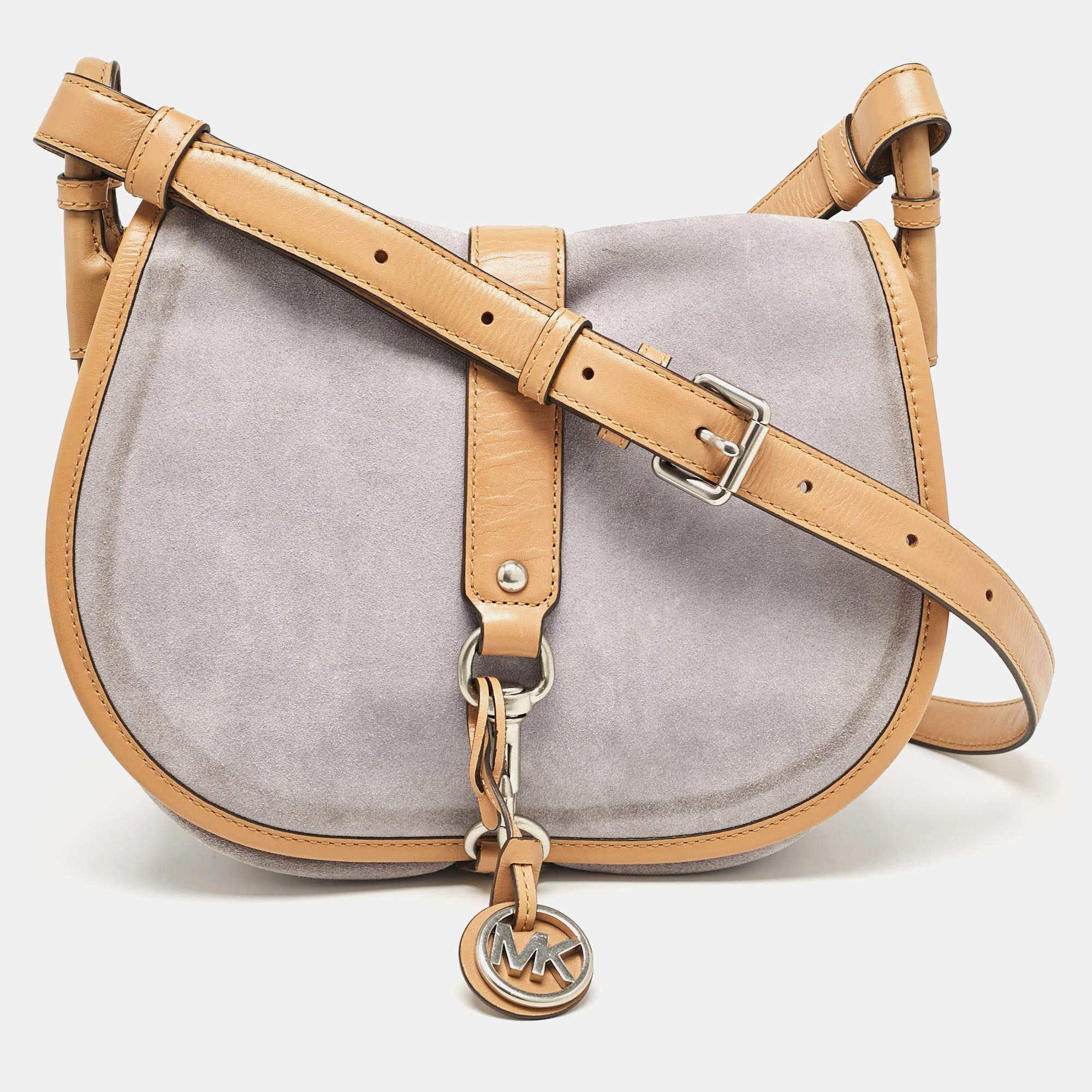 Pre Owned Michael Michael Kors Brown/Lilac Suede Saddle Shoulder Bag