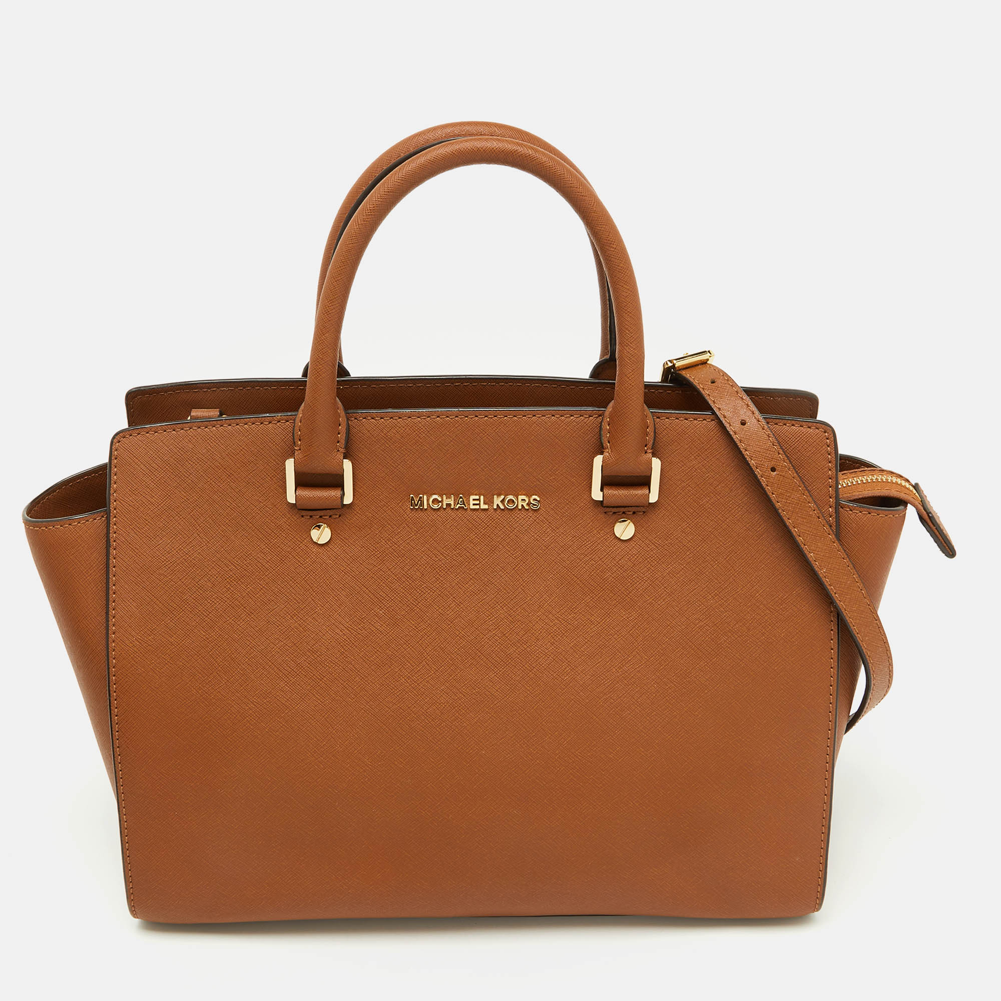 MICHAEL Michael Kors Brown Saffiano Leather Large Selma Satchel