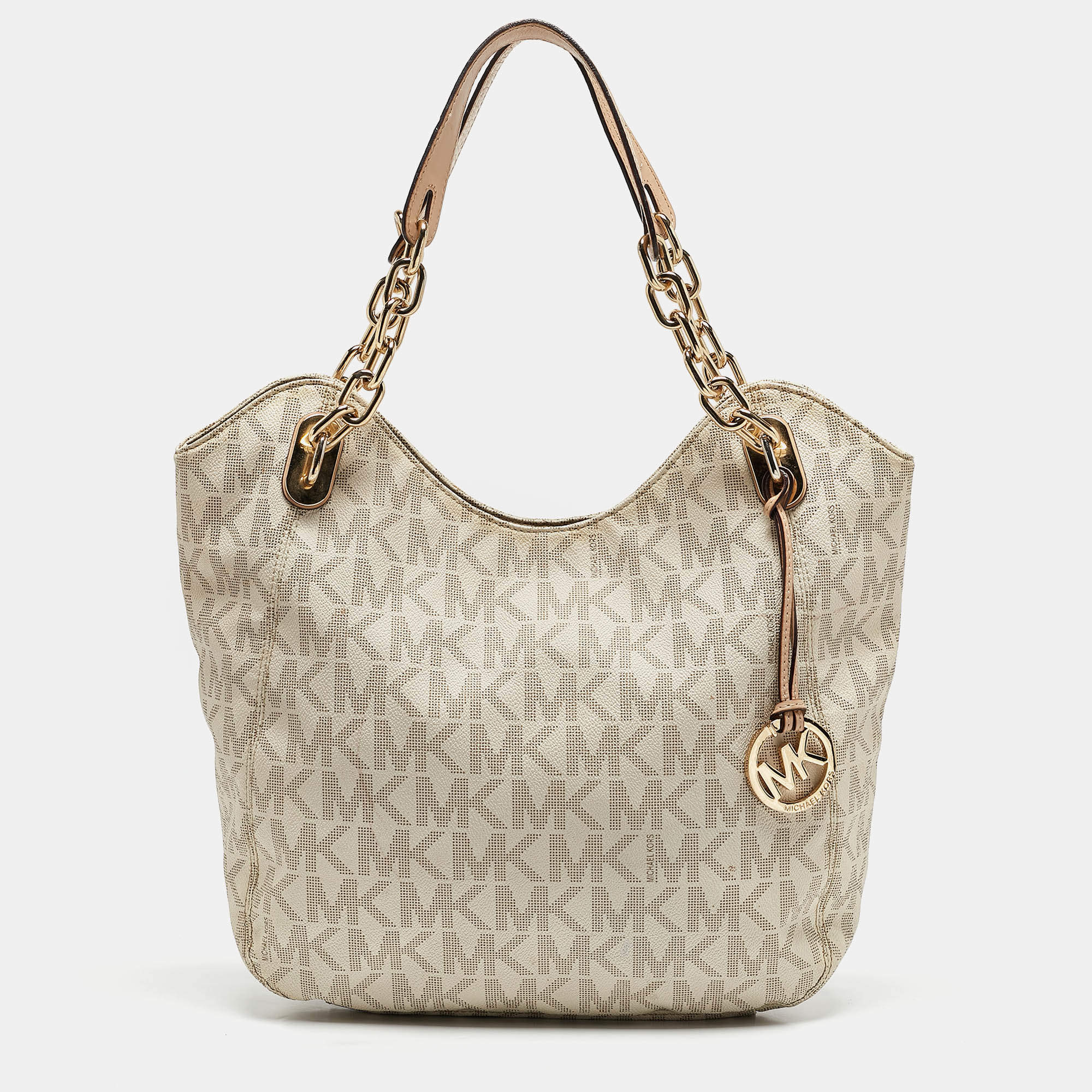 MICHAEL Michael Kors Off White/Beige Signature Coated Canvas and Leather Lillie Chain Hobo