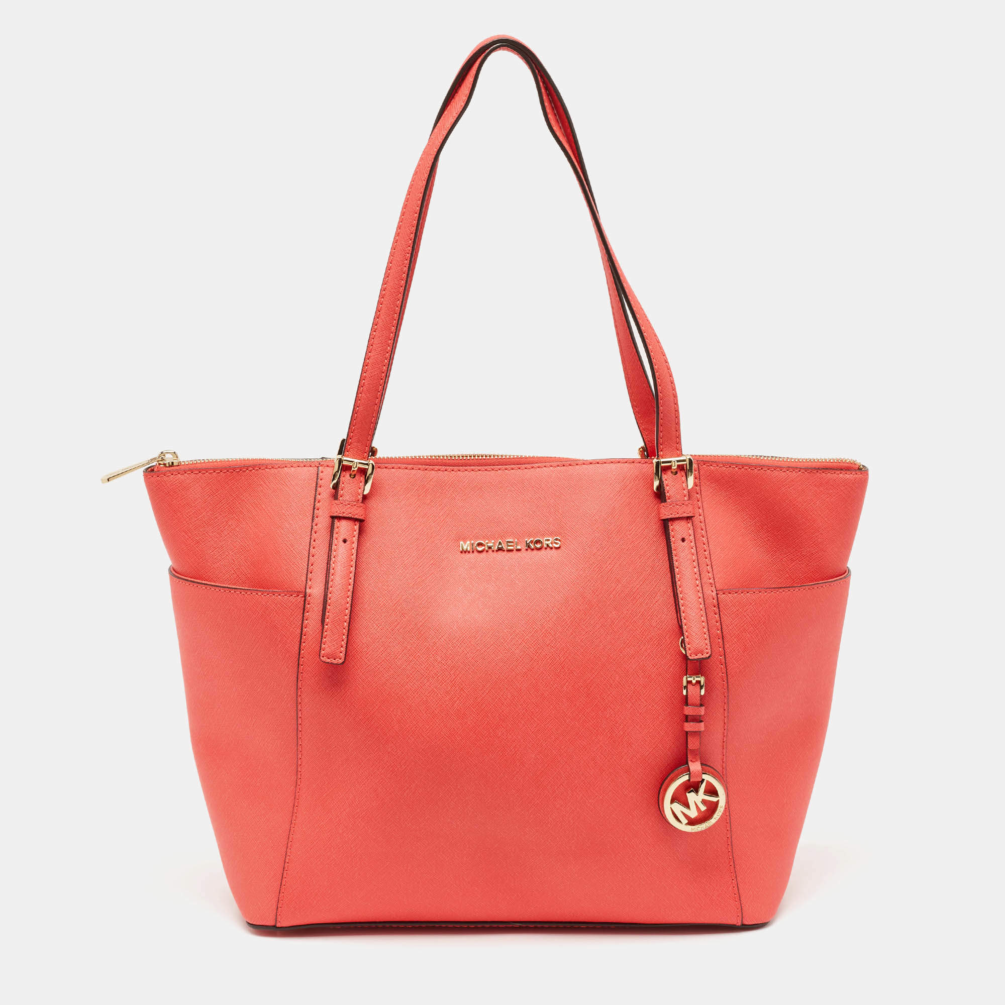 MICHAEL Michael Kors Red Saffiano Leather Large Top Zip Jet Set Tote