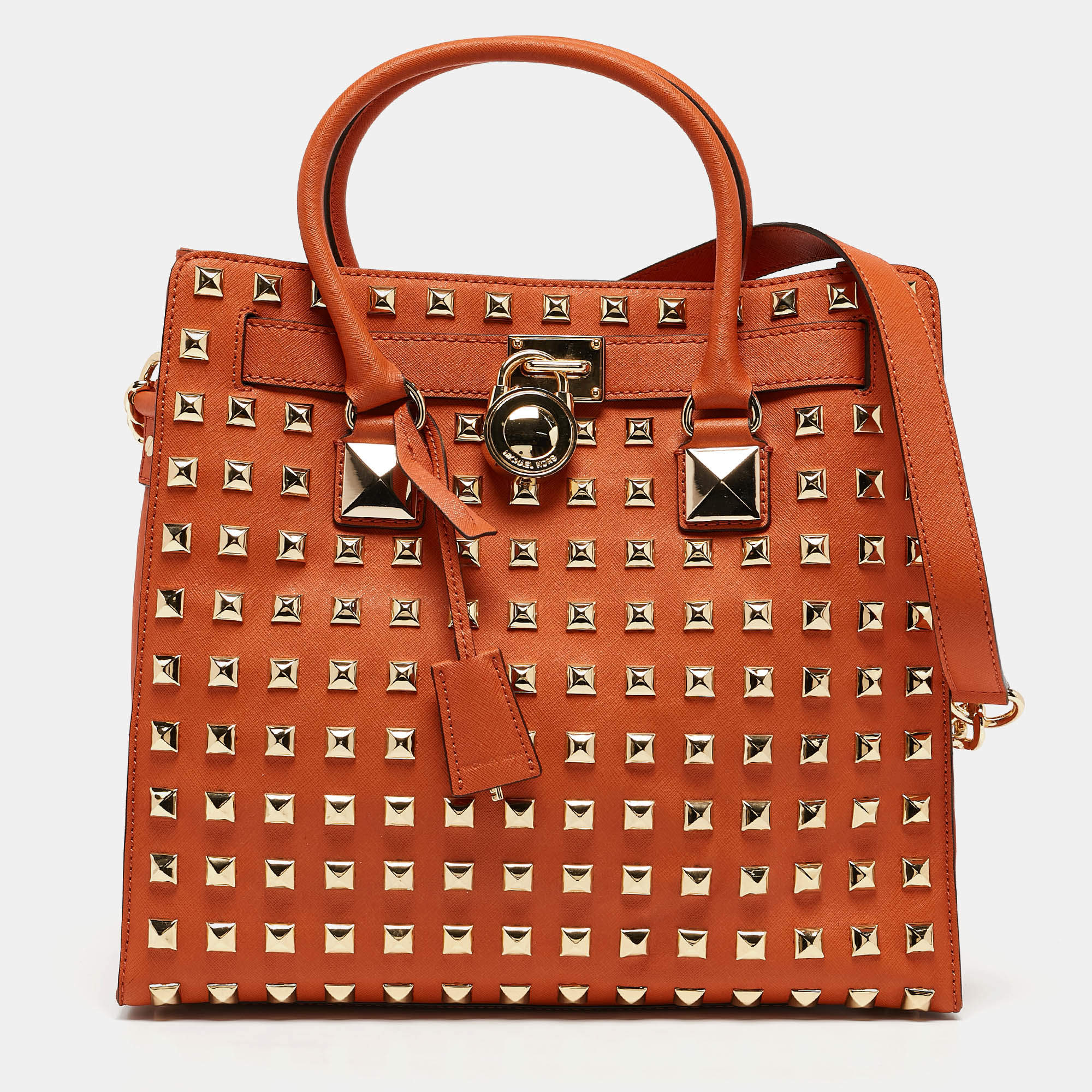 MICHAEL Michael Kors Orange Saffiano Leather Large Studded Hamilton Tote