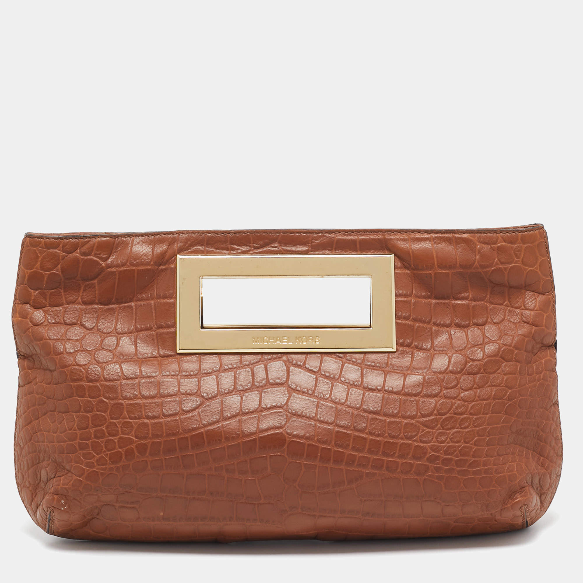 Pre Owned MICHAEL Michael Kors Brown Croc Embossed Leather Berkley Clutch