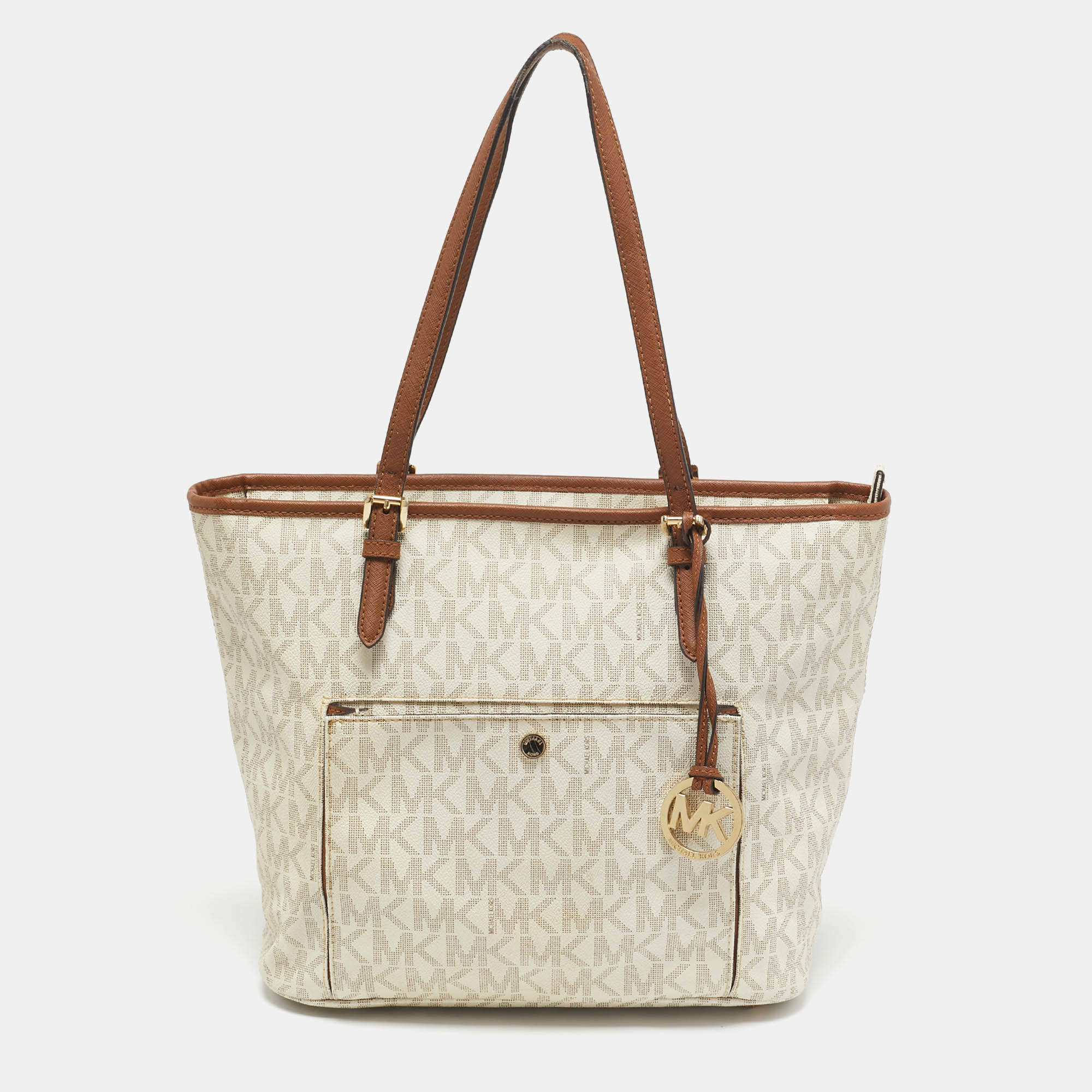 MICHAEL Michael Kors Off White Signature Coated Canvas  Jet Set Snap Pocket Tote