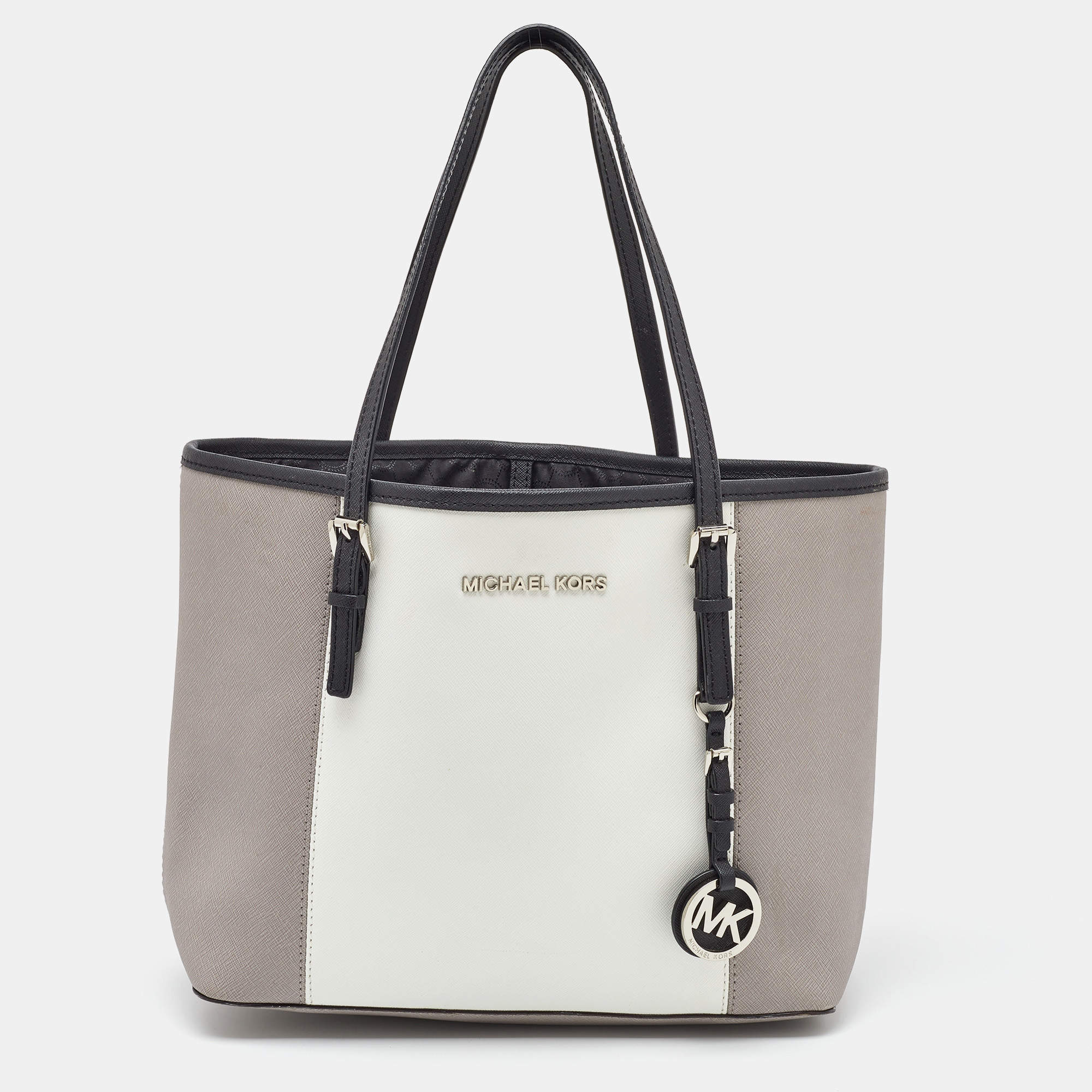 MICHAEL Michael Kors Grey/White Saffiano Leather Jet Set Tote