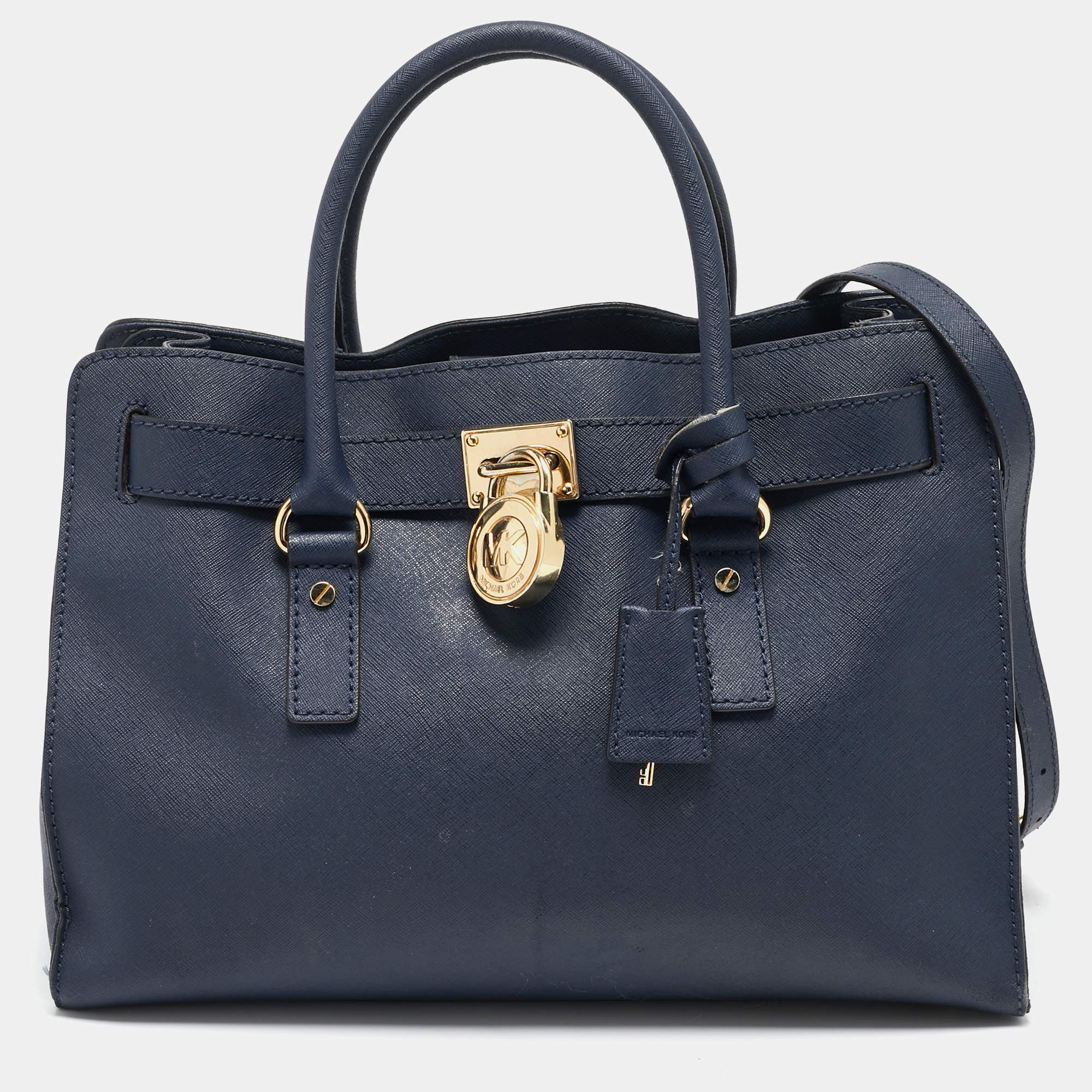 Pre Owned MICHAEL Michael Kors Navy Blue Leather Large East West Hamilton Tote