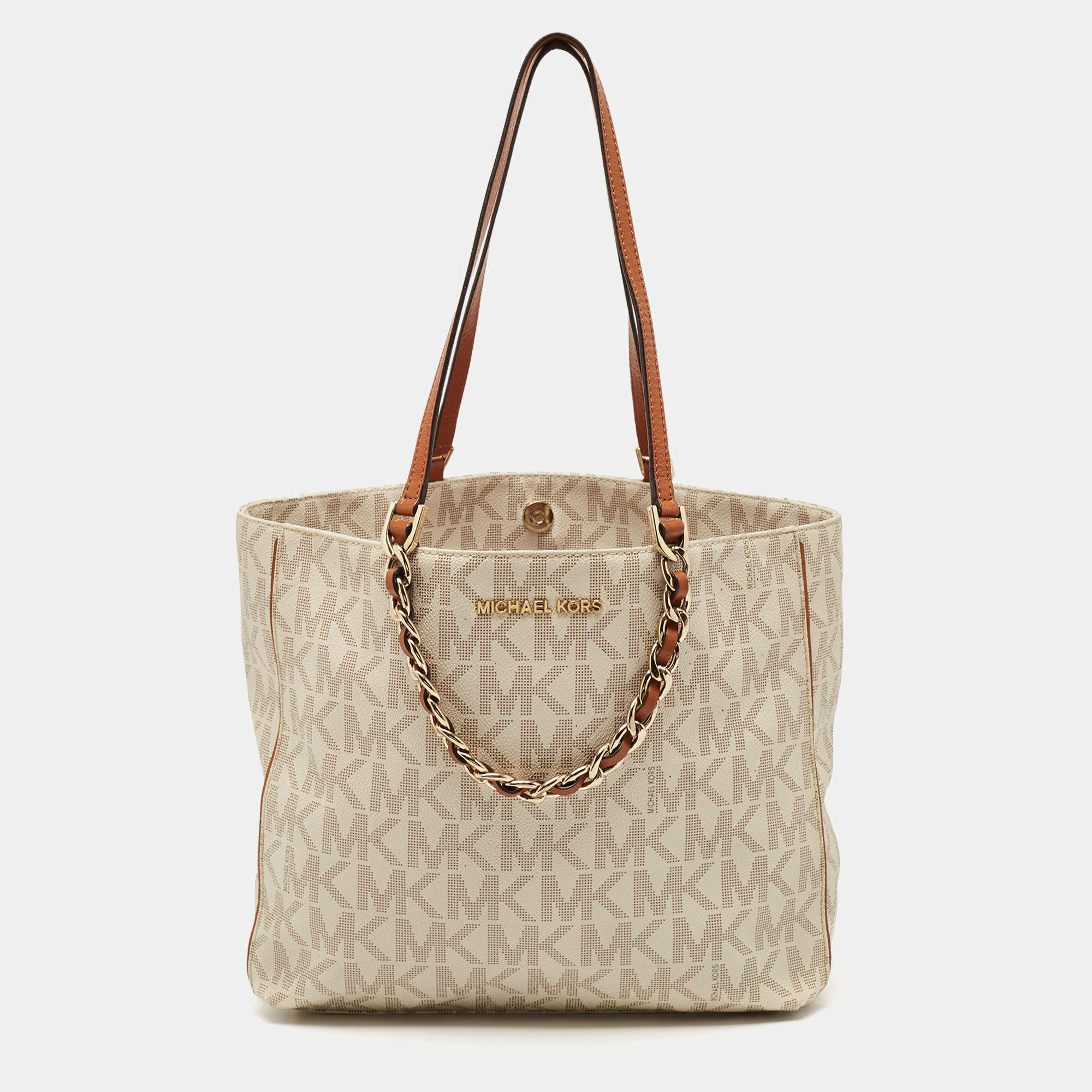 MICHAEL Michael Kors White/Brown Signature Coated Canvas and Leather Shopper Tote