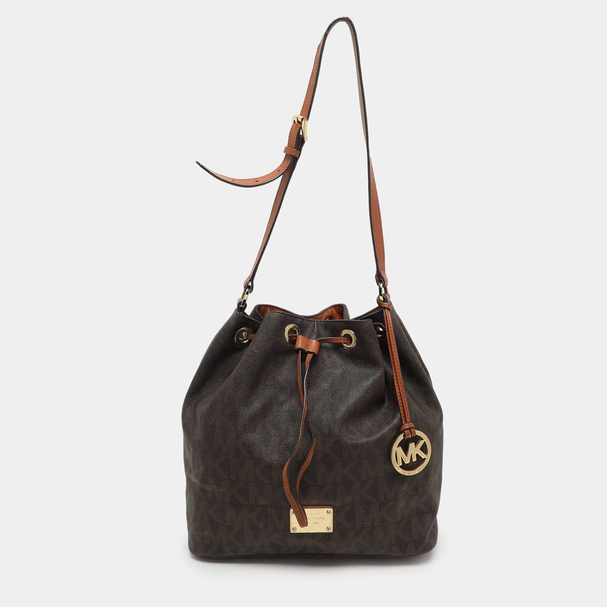 MICHAEL Michael Kors Dark Brown Signature Coated Canvas and Leather Frankie Drawstring Bucket Bag