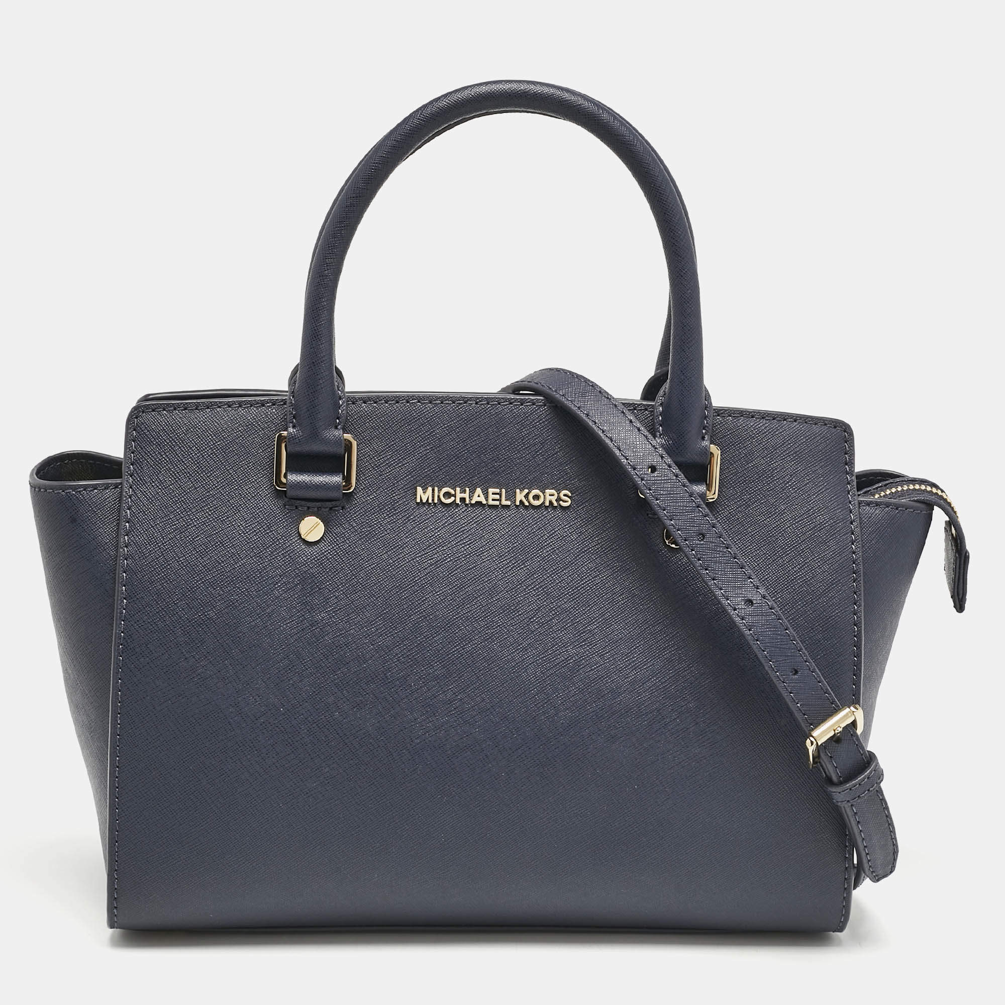 Pre Owned MICHAEL Michael Kors Navy Blue Leather Medium Selma Satchel
