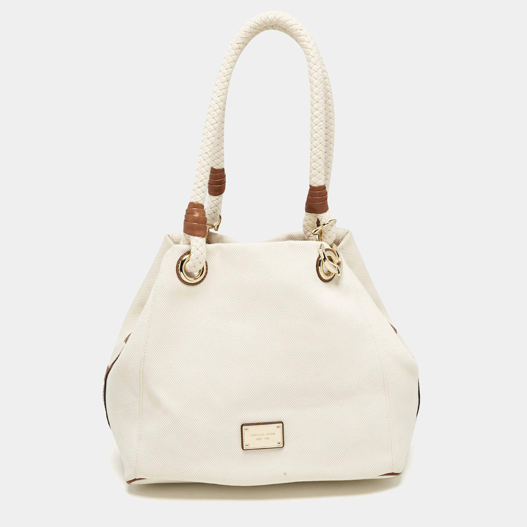 MICHAEL Michael Kors White/Brown Canvas Marina Grab Tote