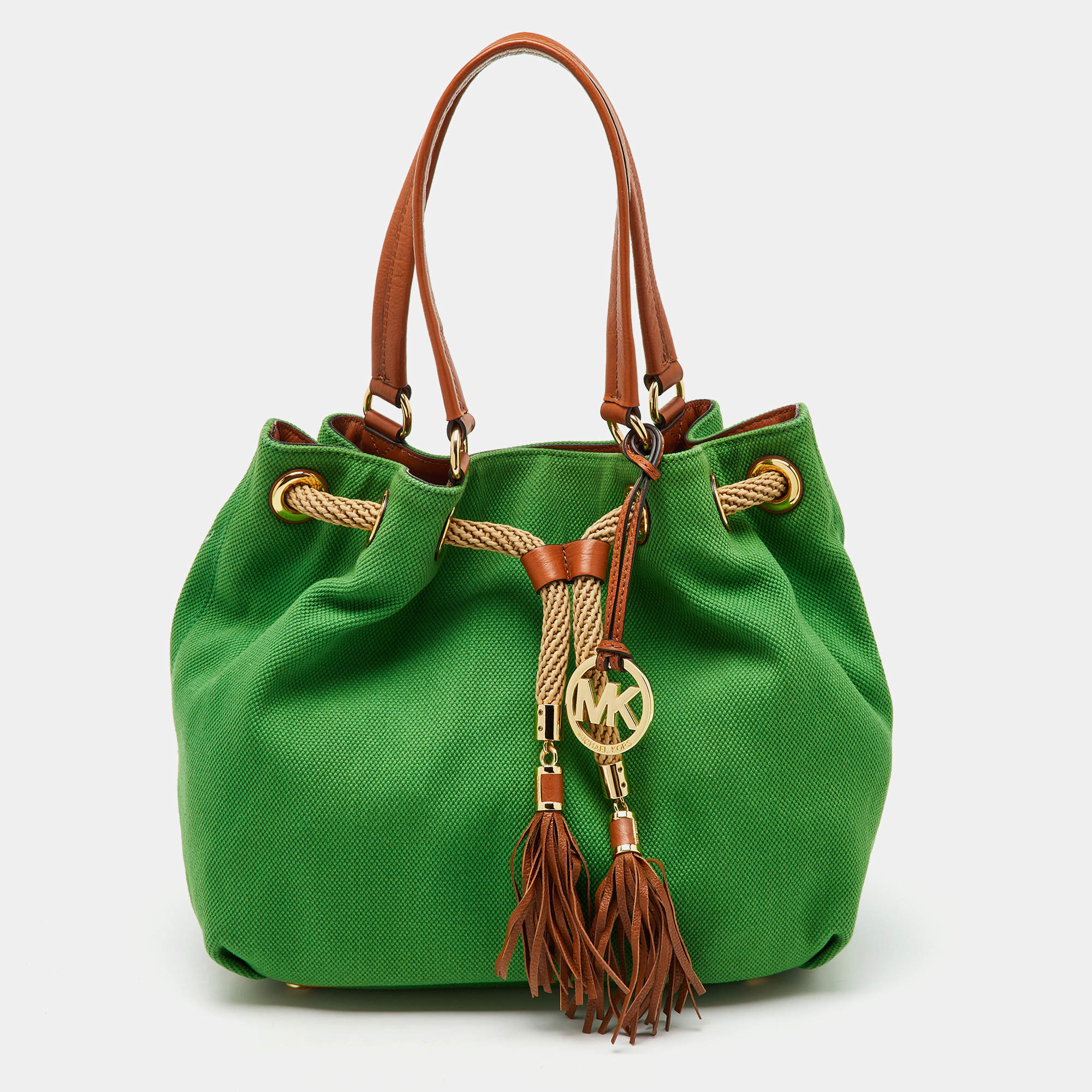 Pre Owned MICHAEL Michael Kors Green/Brown Canvas and Leather Marina Tassel Tote