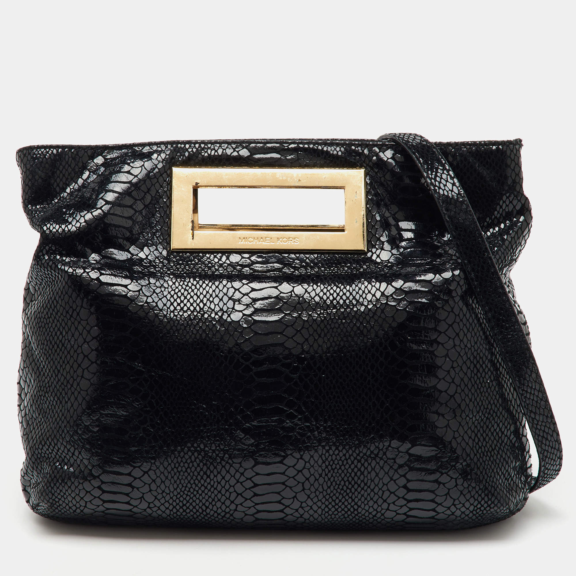 MICHAEL Michael Kors Black Python Effect Leather Frame Foldover Crossbody Bag
