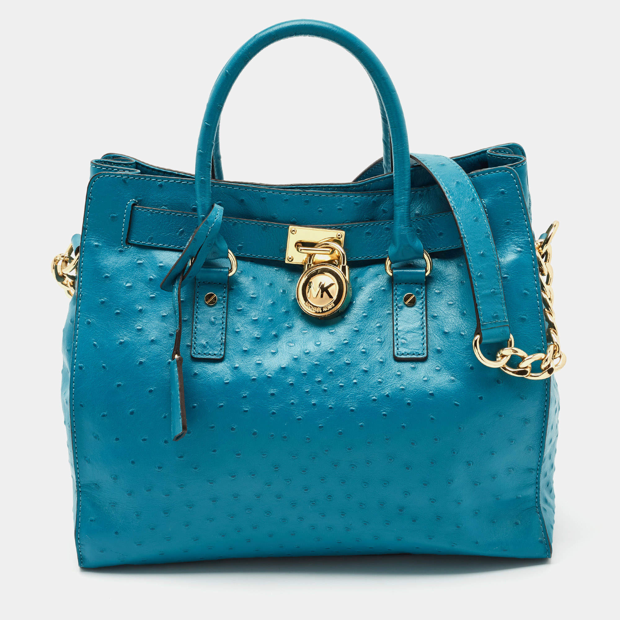 MICHAEL Michael Kors Black Blue Ostrich Embossed Leather Large North South Hamilton Tote