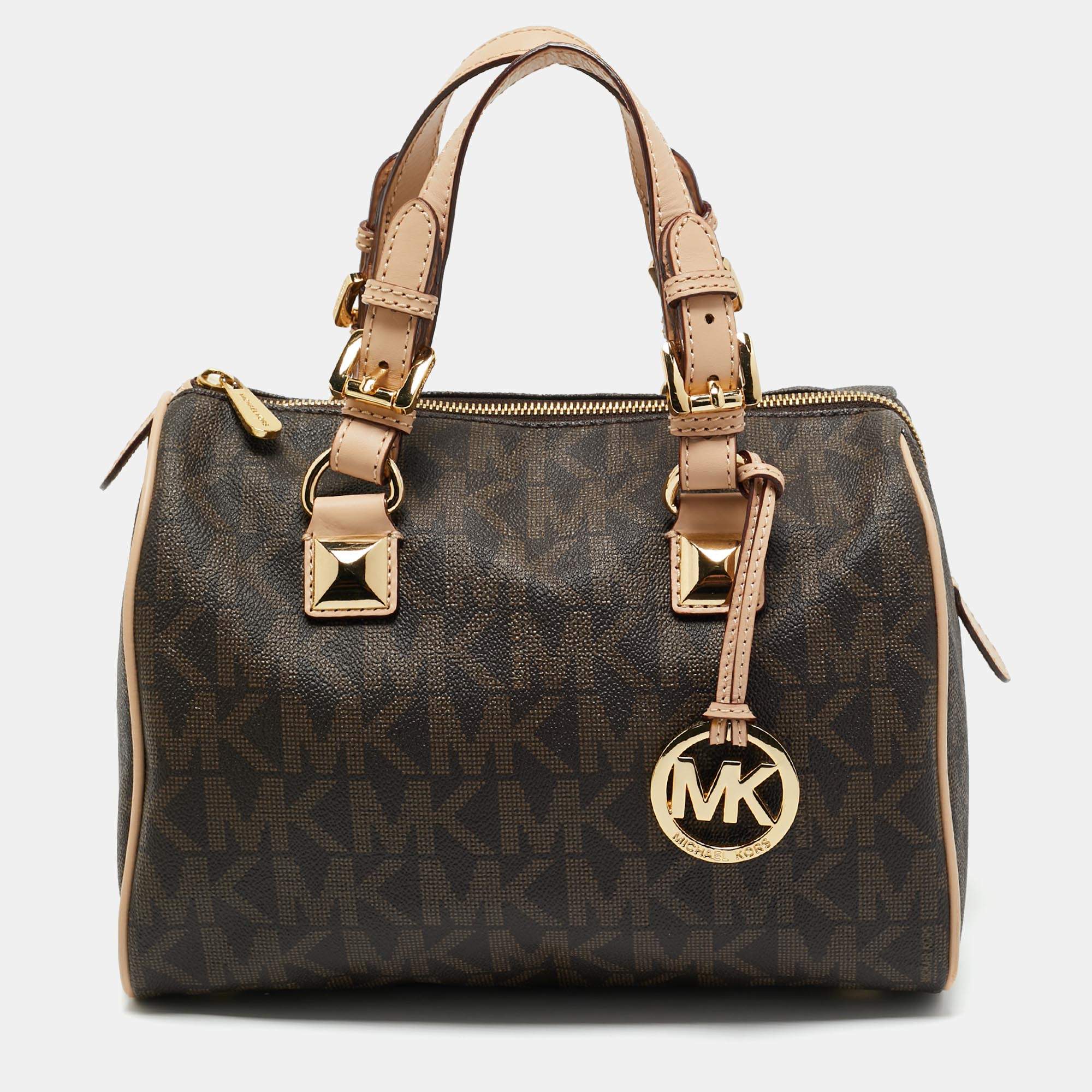 Pre Owned MICHAEL Michael Kors Brown/Beige Signature Coated Canvas and Leather Grayson Boston Bag