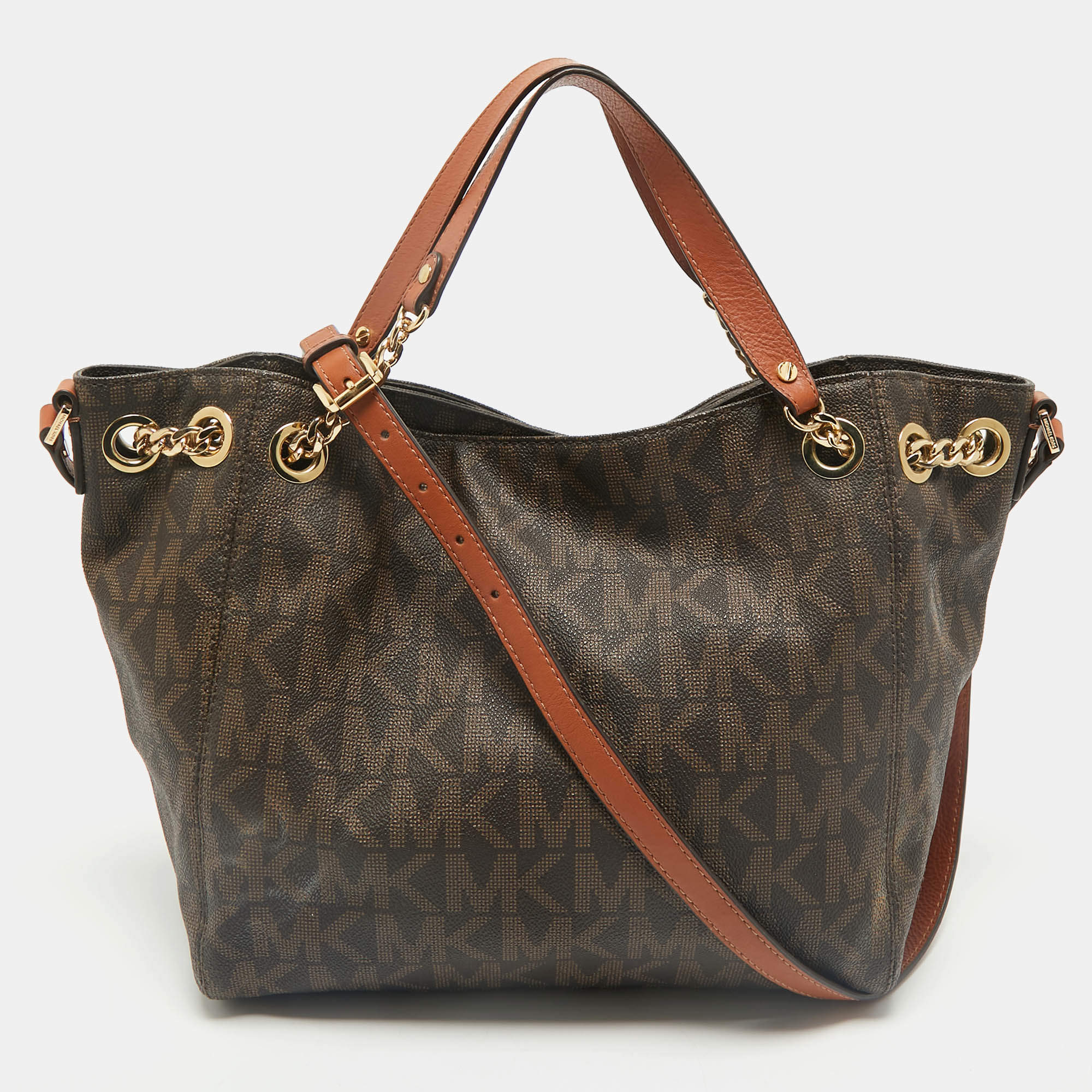 MICHAEL Michael Kors Brown Signature Coated Canvas Jet Set Chain Tote