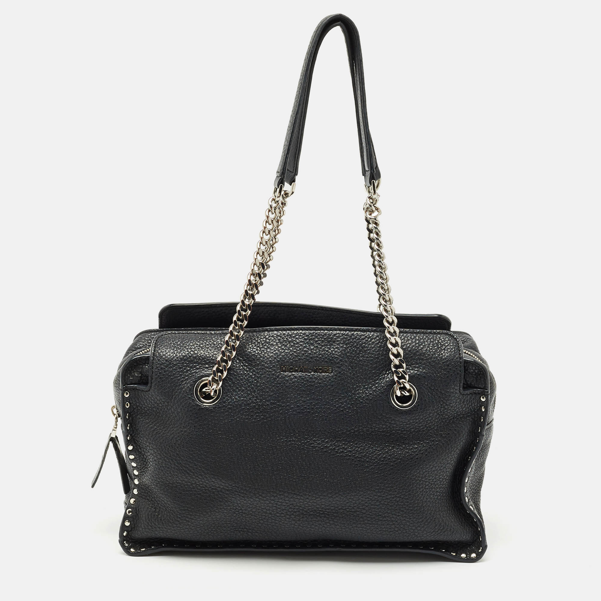 Pre Owned MICHAEL Michael Kors Black Leather Studded Chain Satchel