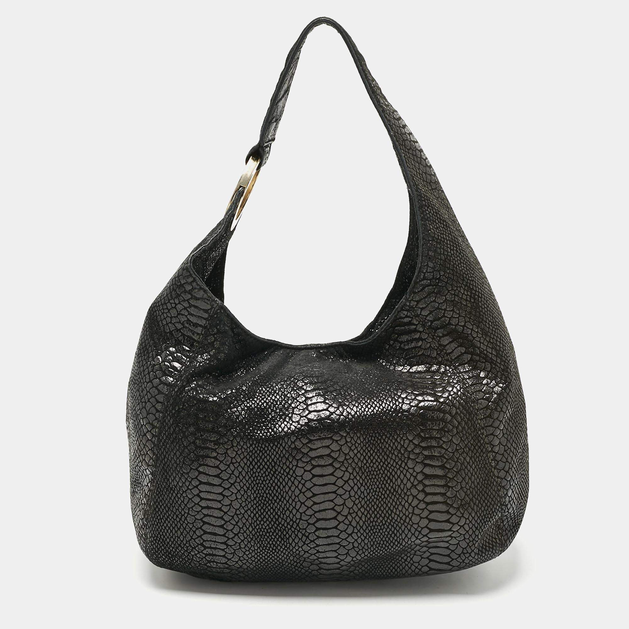 Pre Owned MICHAEL Michael Kors Black Python Effect Faux Suede Fulton Hobo