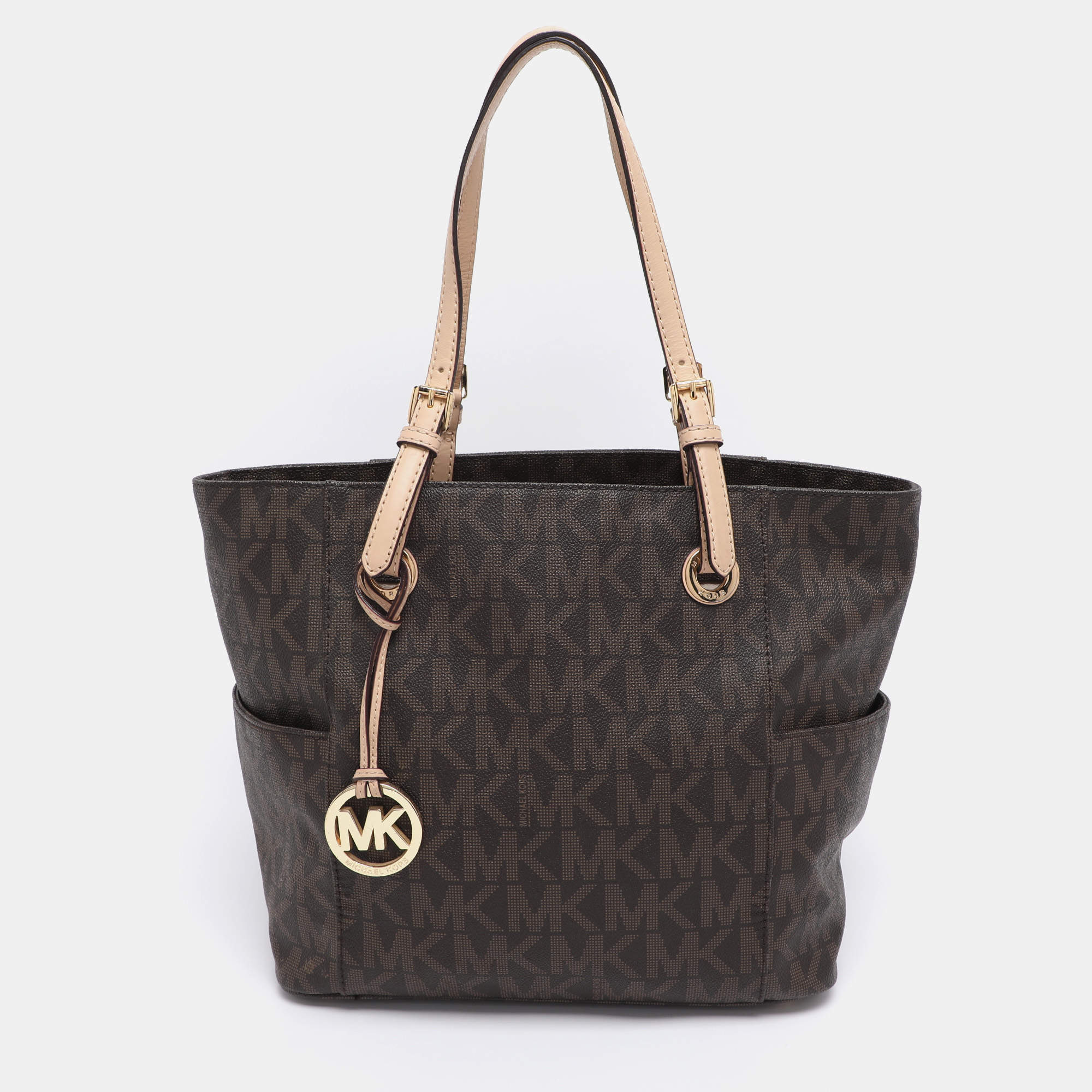 Pre Owned MICHAEL Michael Kors Dark Brown Signature Coated Canvas and Leather Jet Set Tote
