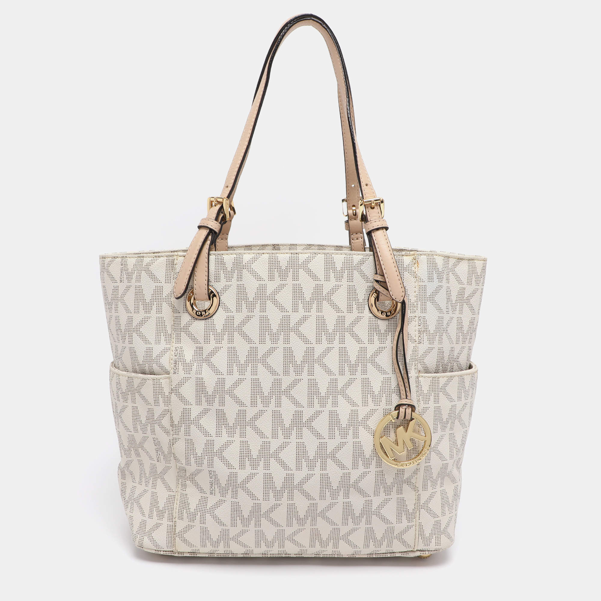 Pre Owned MICHAEL Michael Kors Off White/Beige Signature Coated Canvas and Leather Jet Set East West Tote