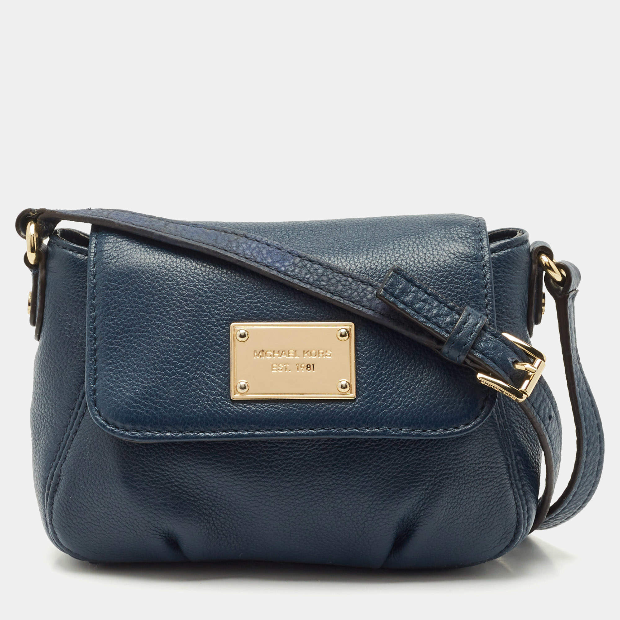 Pre Owned MICHAEL Michael Kors Navy Blue Leather Flap Crossbody Bag