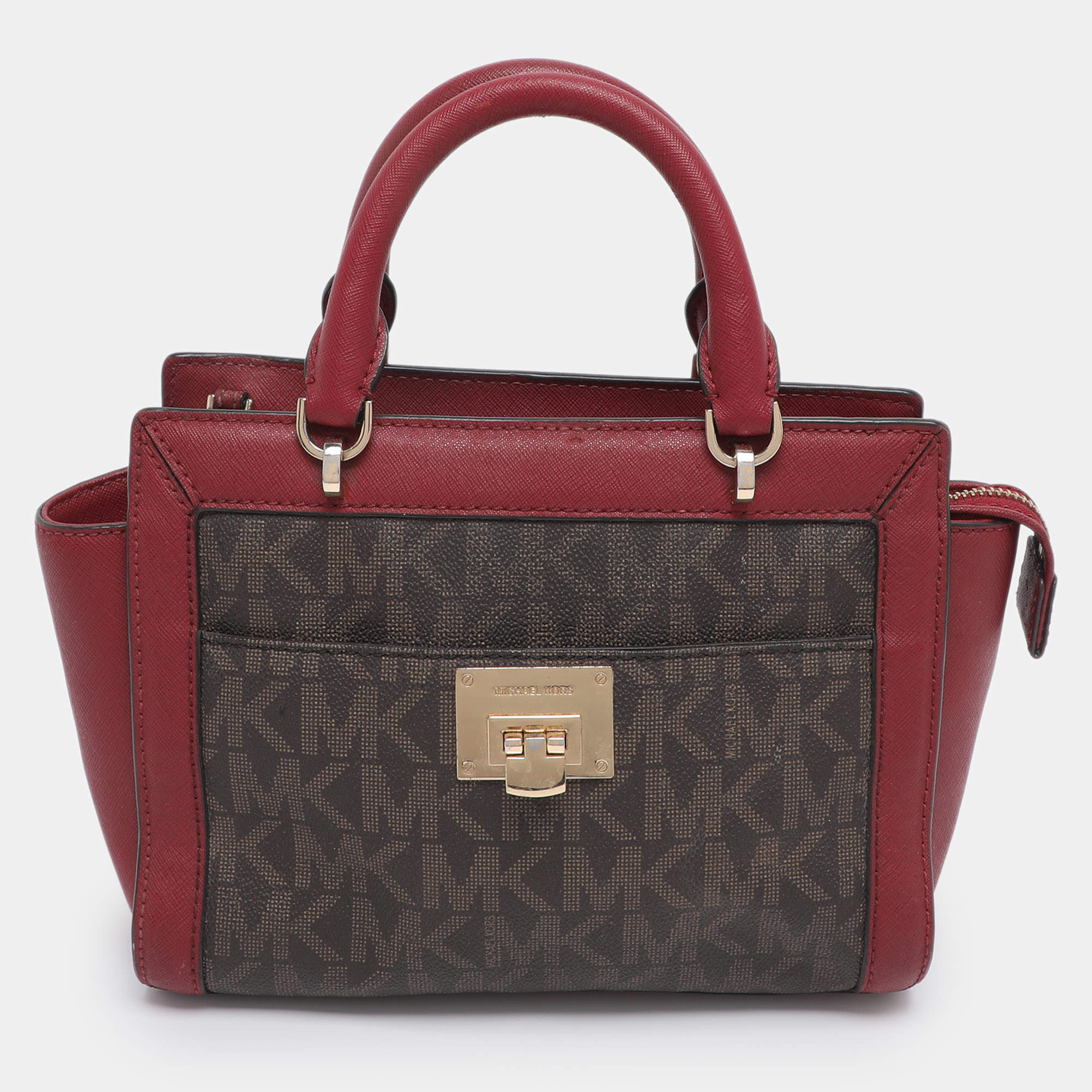 Pre Owned MICHAEL Michael Kors Brown/Red Signature Coated Canvas and Leather Tina Satchel